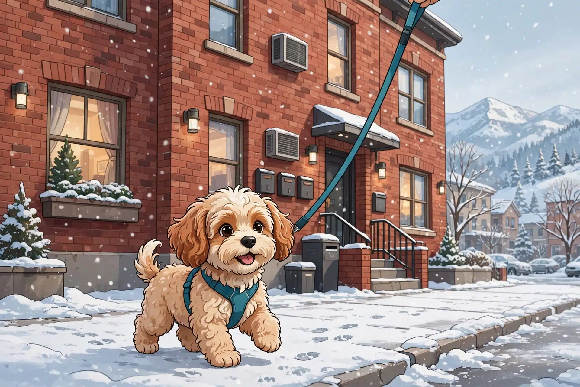 Leashed Cavapoo beside snowy Salt Lake City apartments