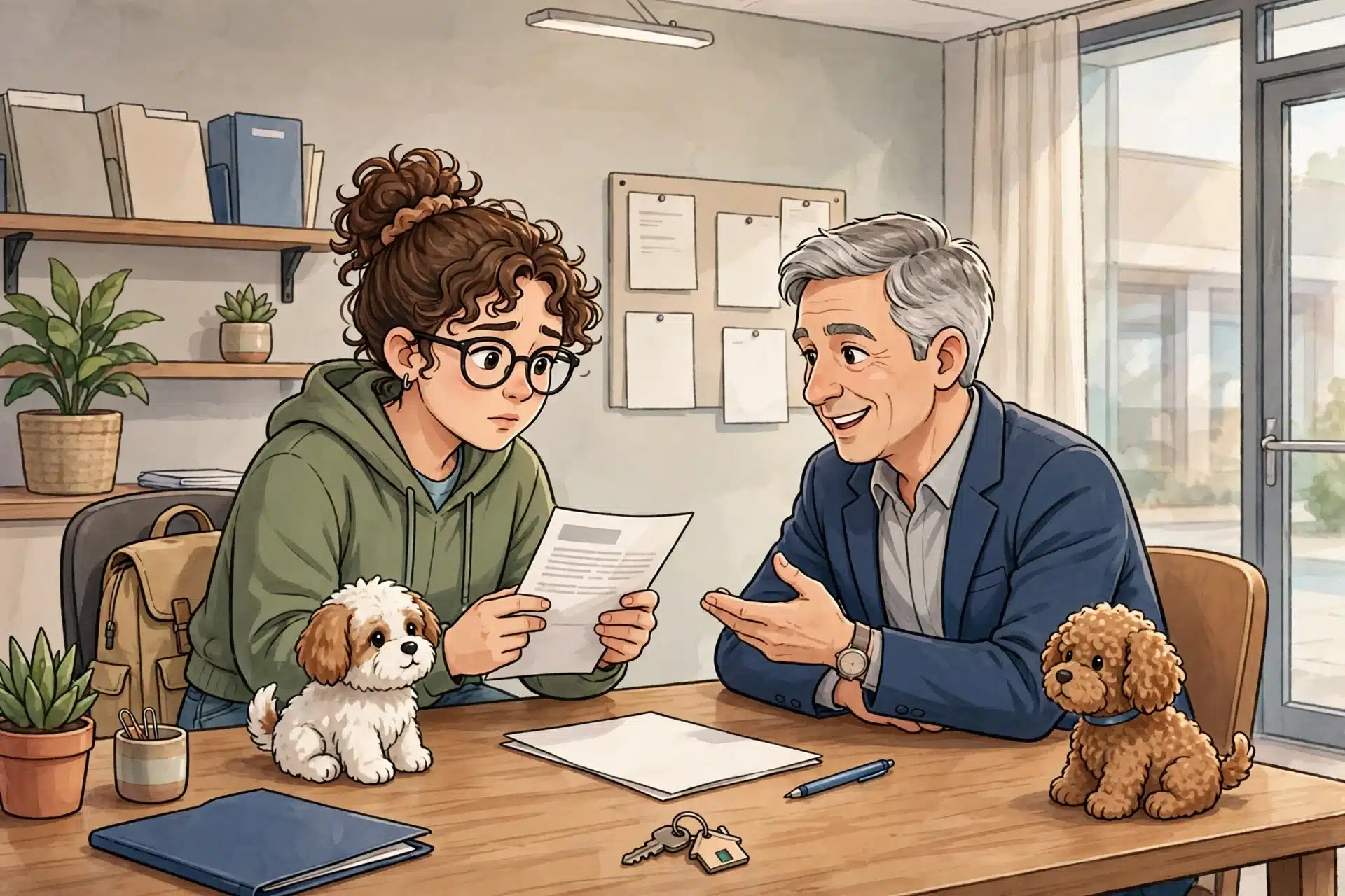 Renter reviews pet policy across leasing desk