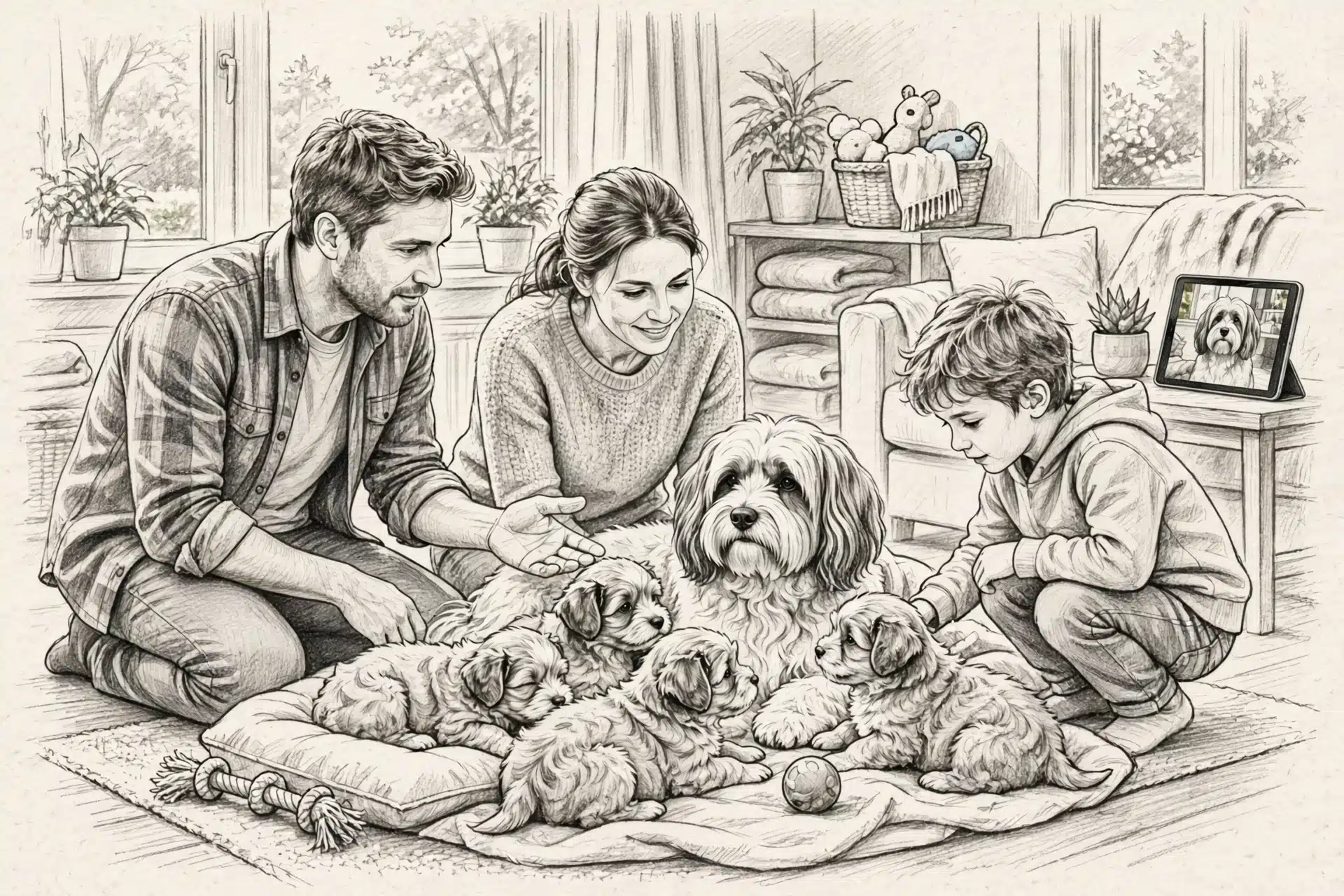 Family greeting a Havanese mother and puppies in a living room