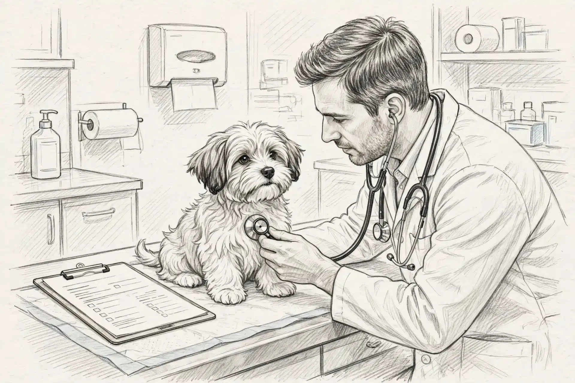 Veterinarian examines Havanese puppy beside vaccination records