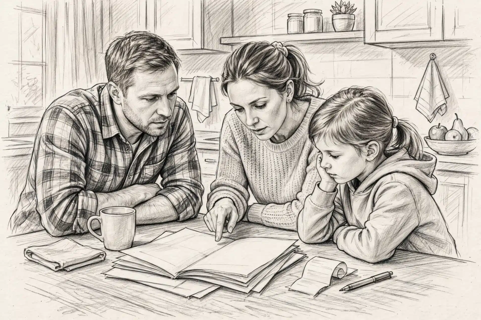 Family reviews puppy purchase contract at kitchen table