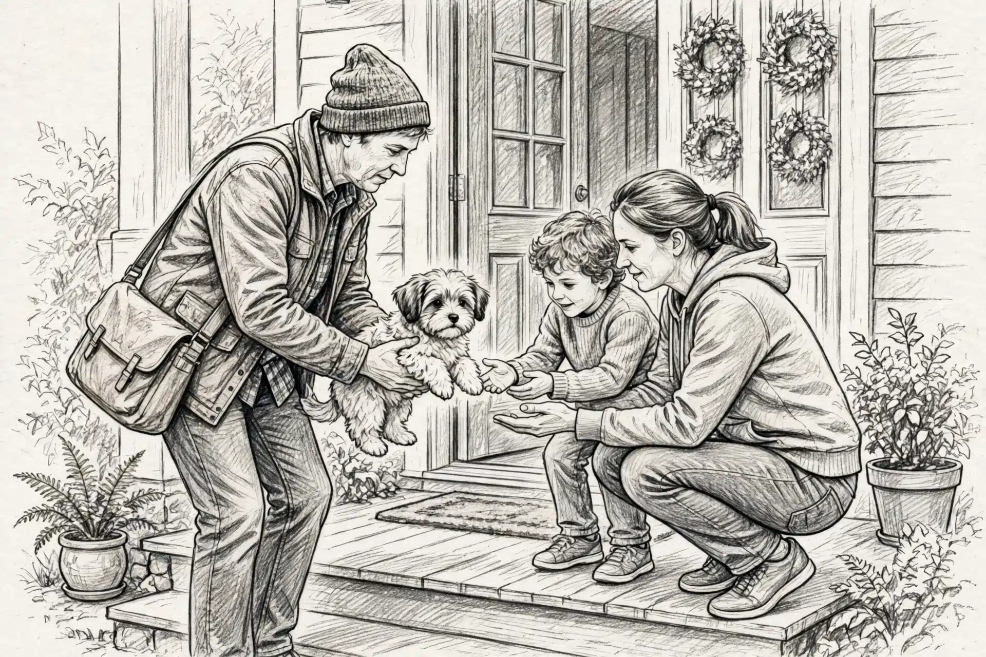 Breeder hands a Havanese puppy to a family