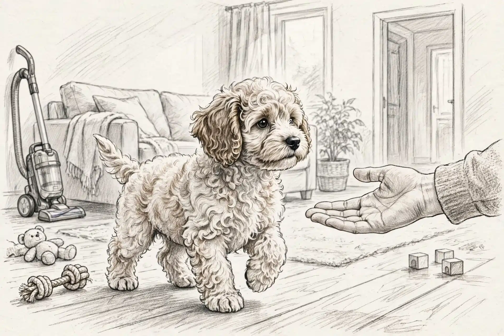 Curious Havapoo puppy approaches an outstretched hand in a family living room