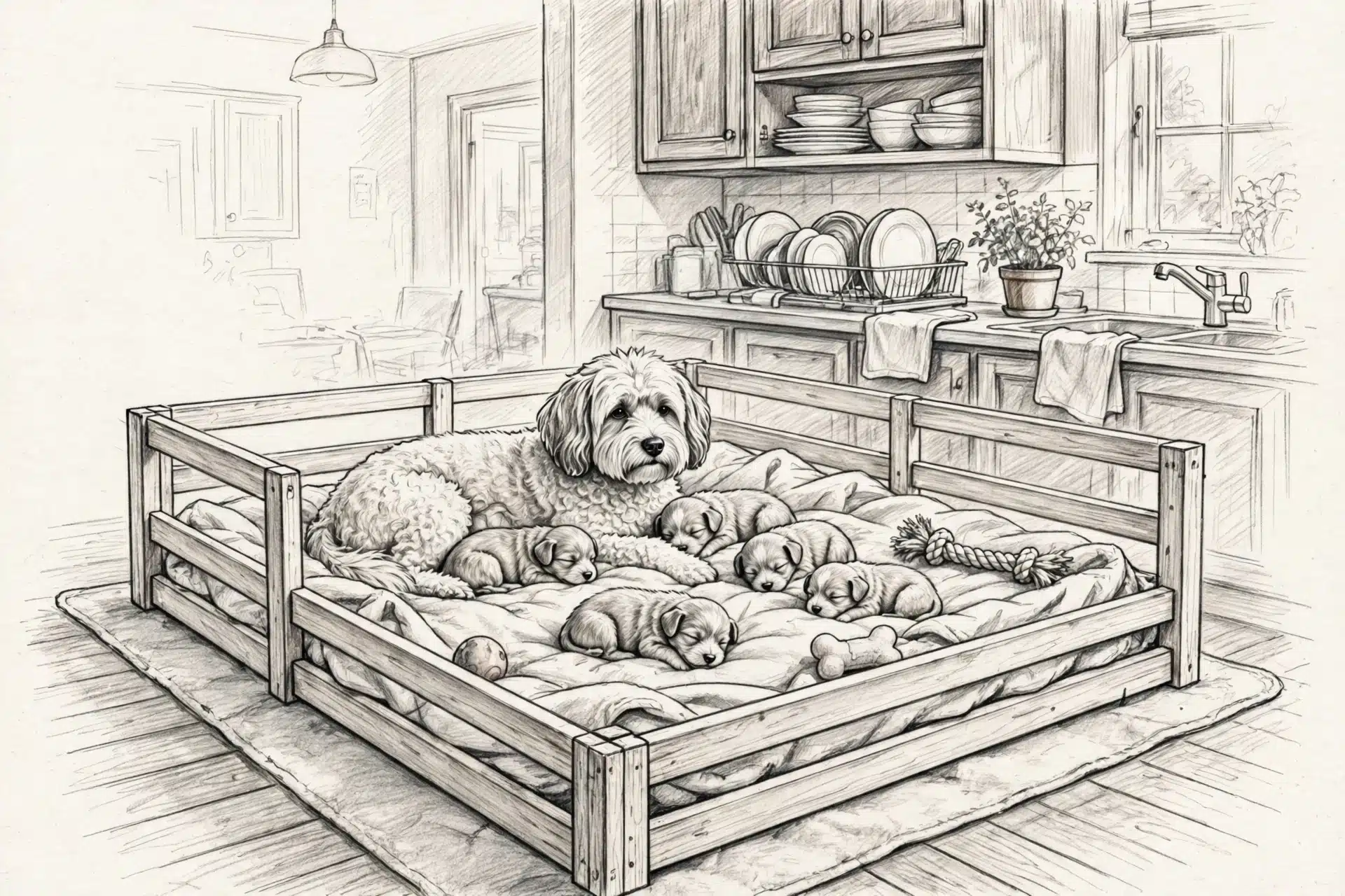 Havanese mother and puppies in a family kitchen