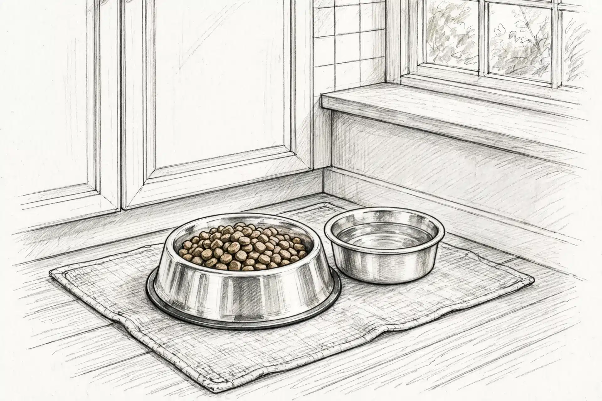 Puppy kibble and water bowls in kitchen
