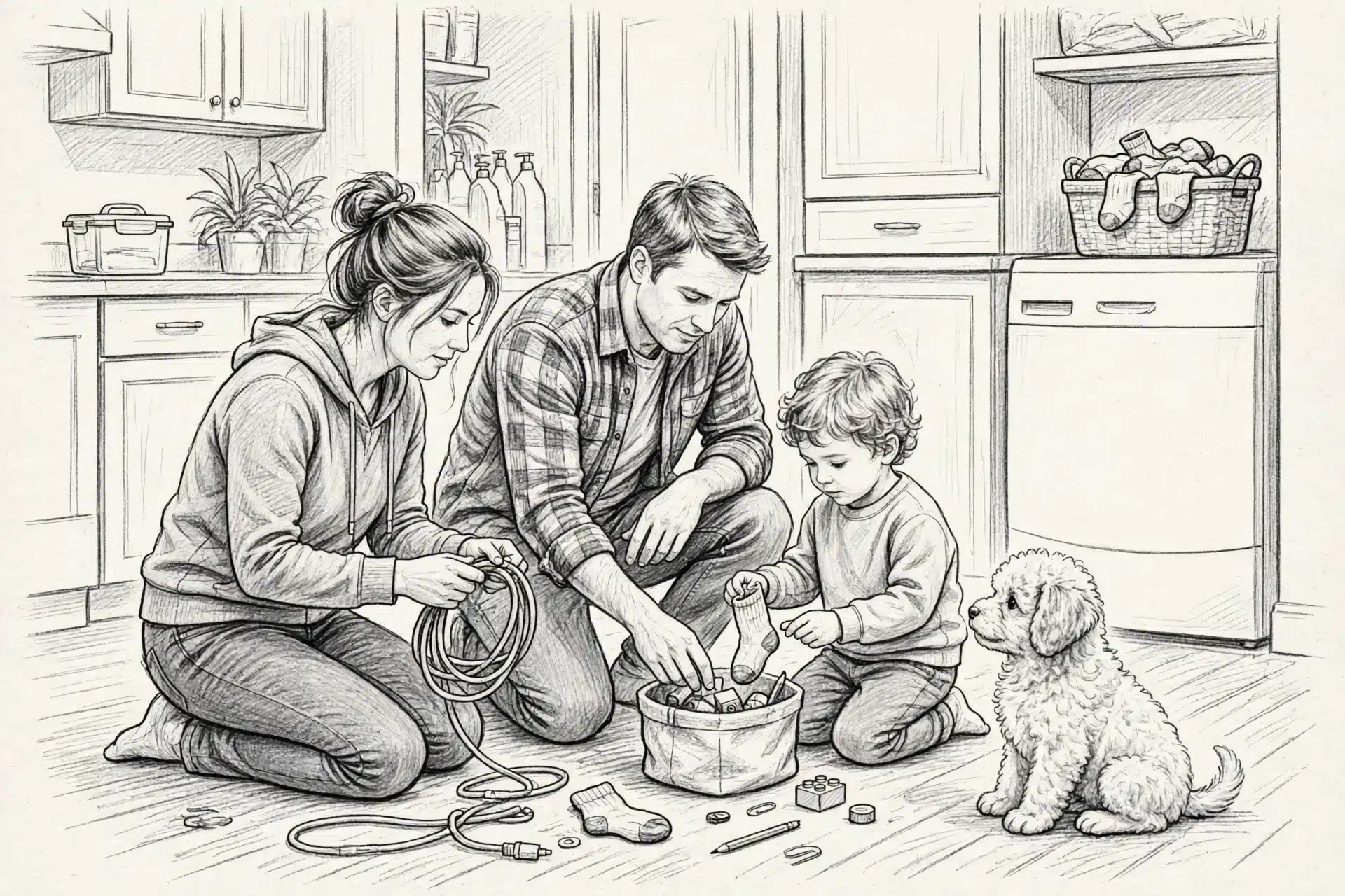 Family gathers cords and socks as puppy watches