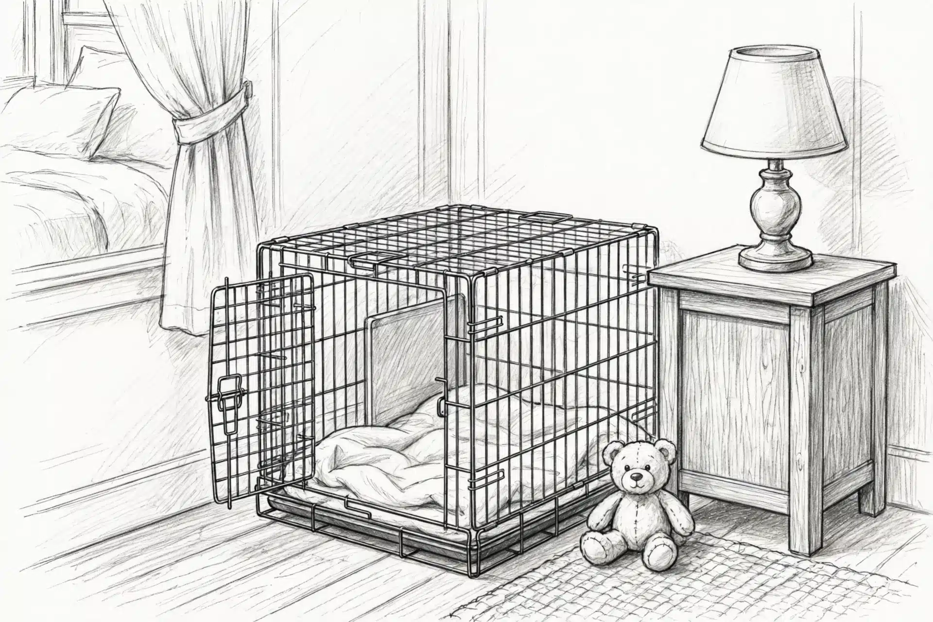Cozy puppy crate in family bedroom corner