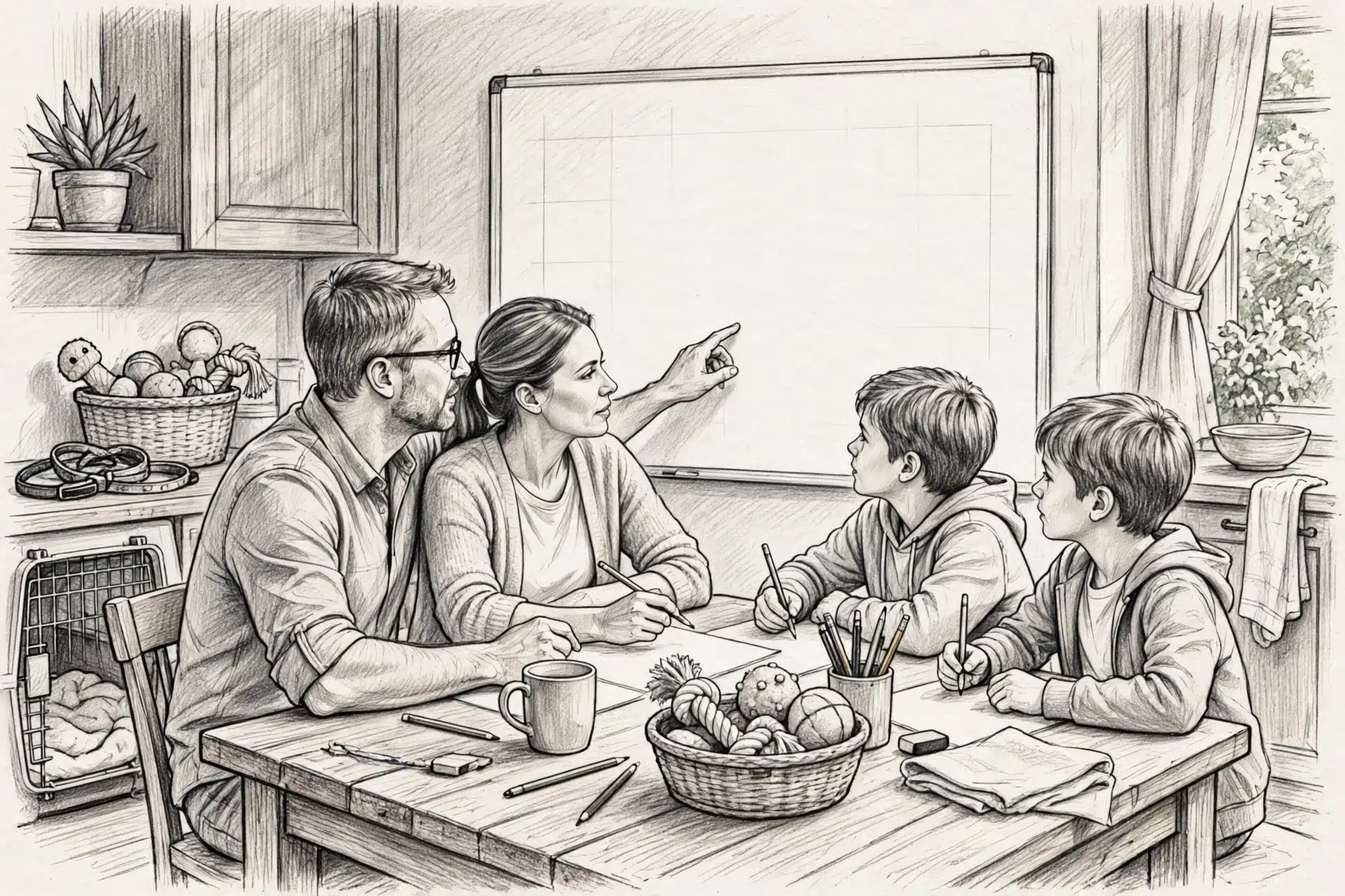 Family assigns puppy care roles at kitchen table