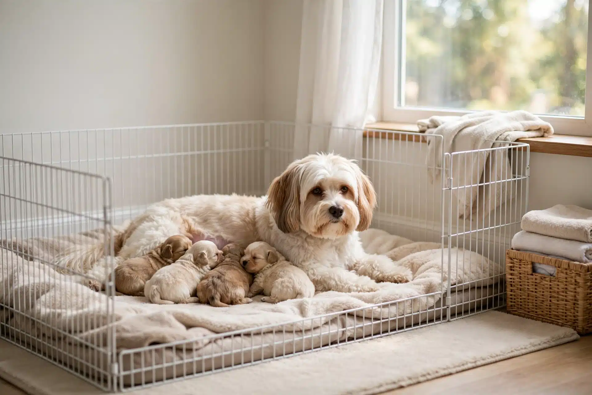 Havanese dam and puppies in sunlit whelping area