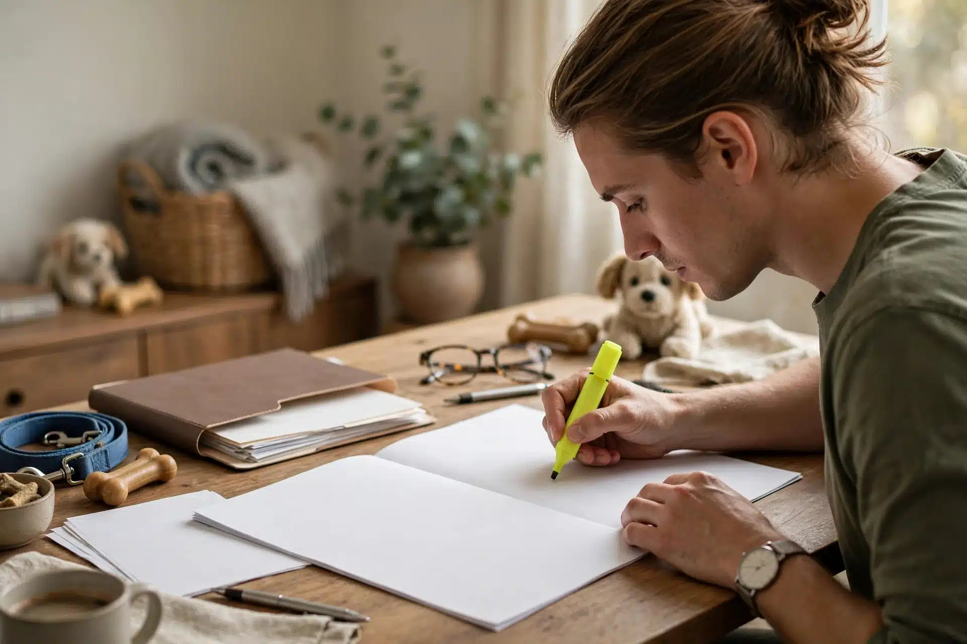 Buyer reviewing puppy contract clauses at a desk