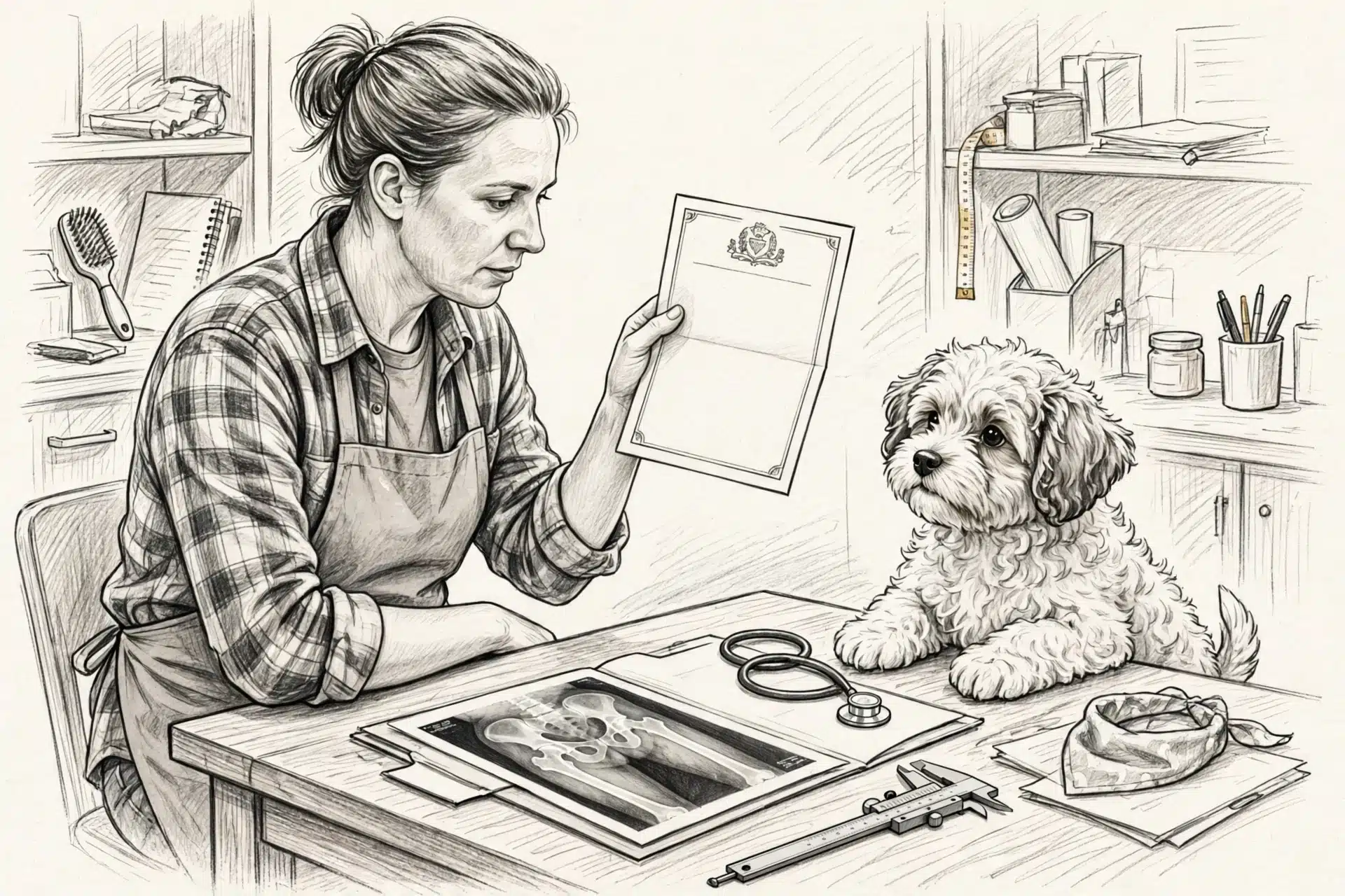 Breeder holds eye exam certificate beside Havanese puppy