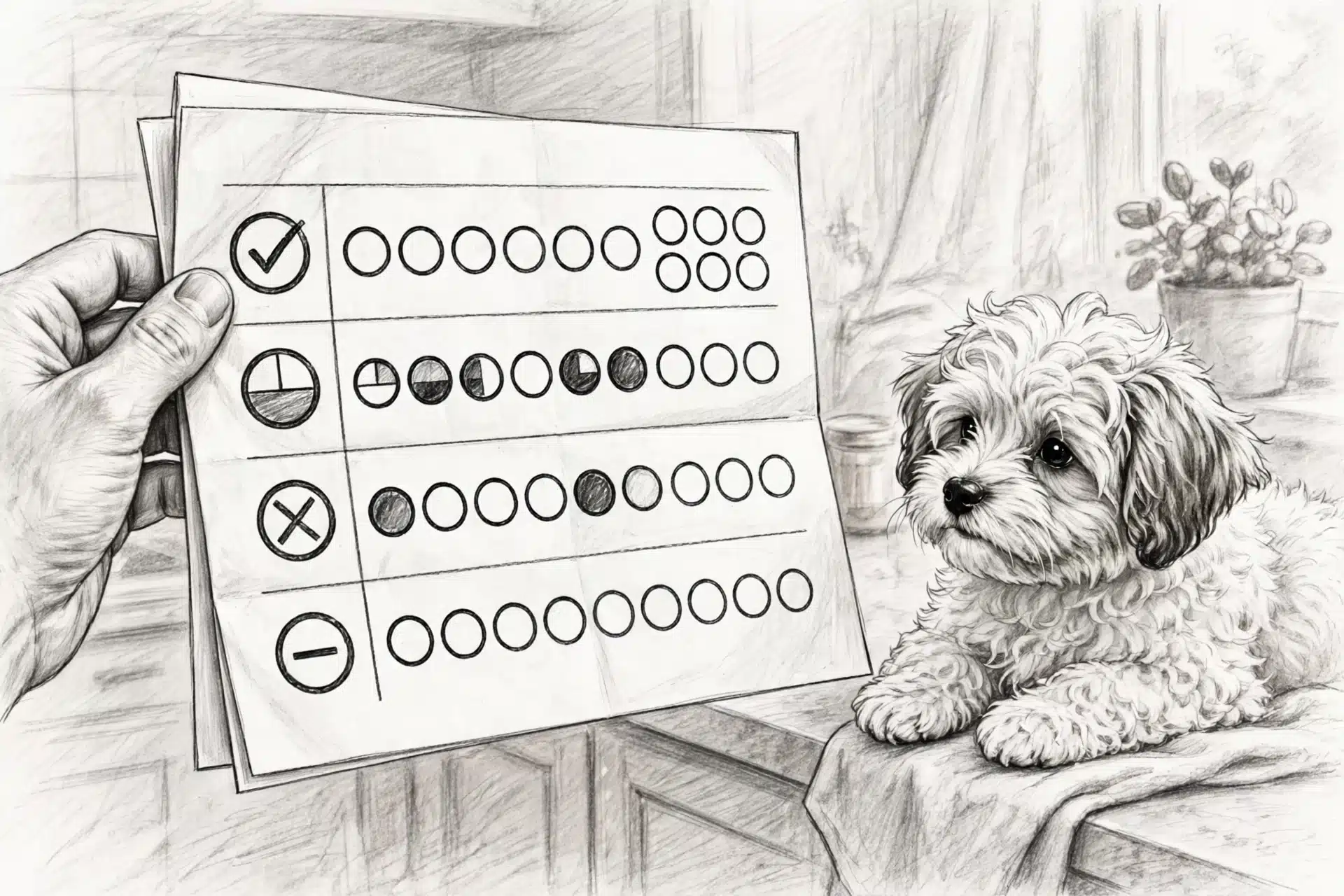 Puppy DNA report beside a Havanese puppy