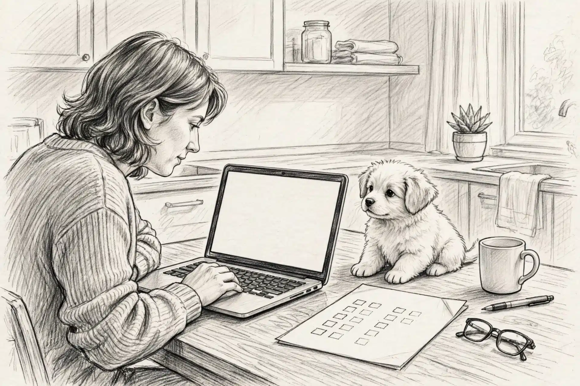 Buyer checks OFA database beside report and puppy