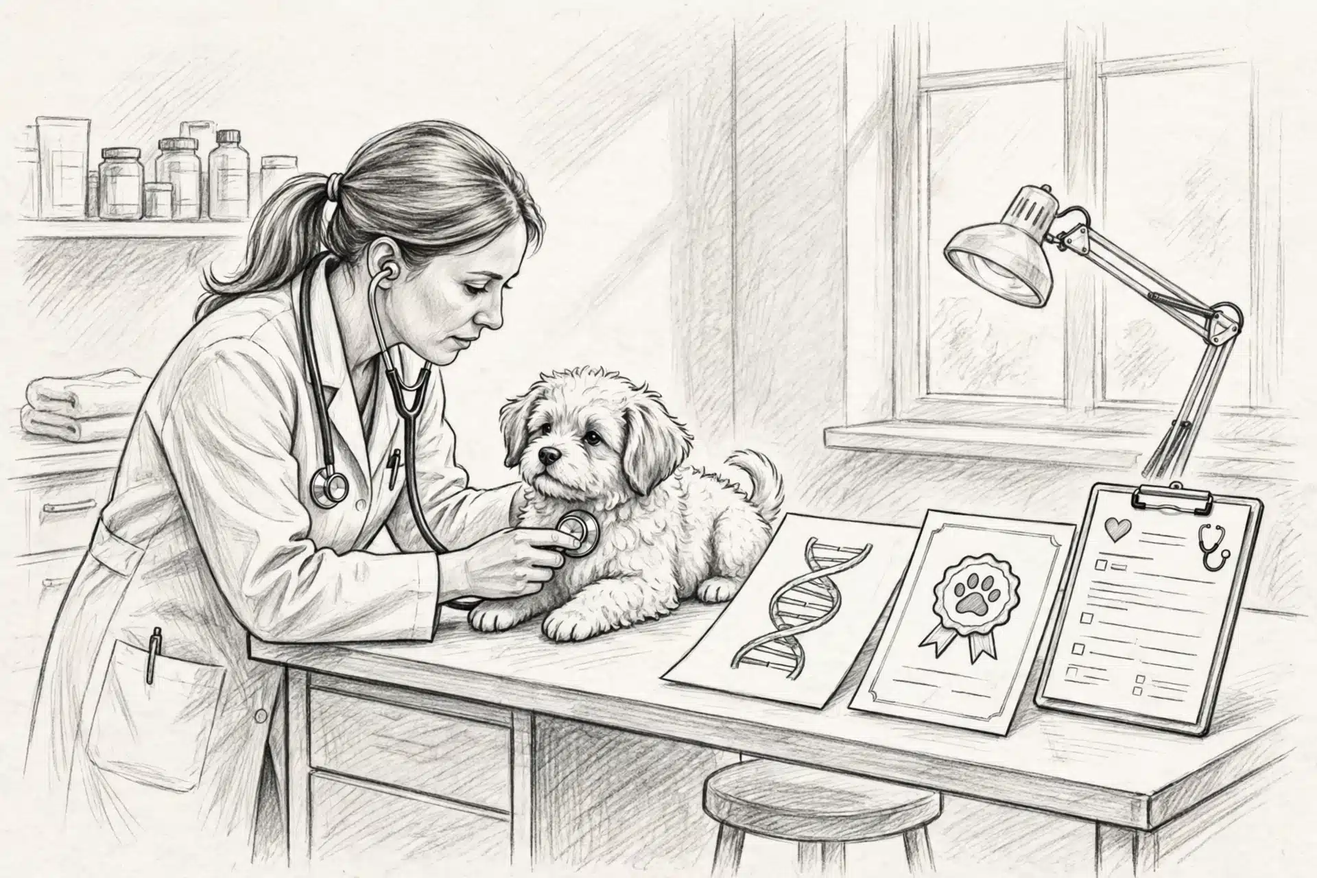 Veterinarian examines a puppy with a stethoscope