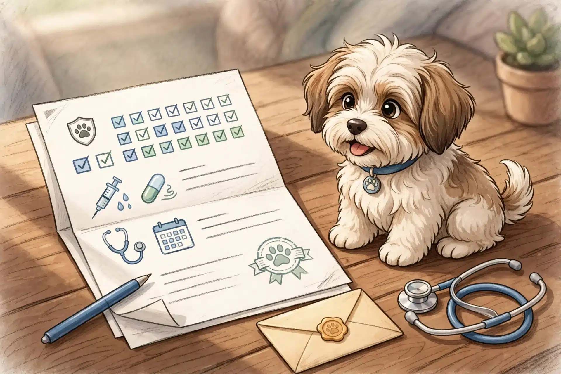 Puppy health records beside a Havanese on a wooden table