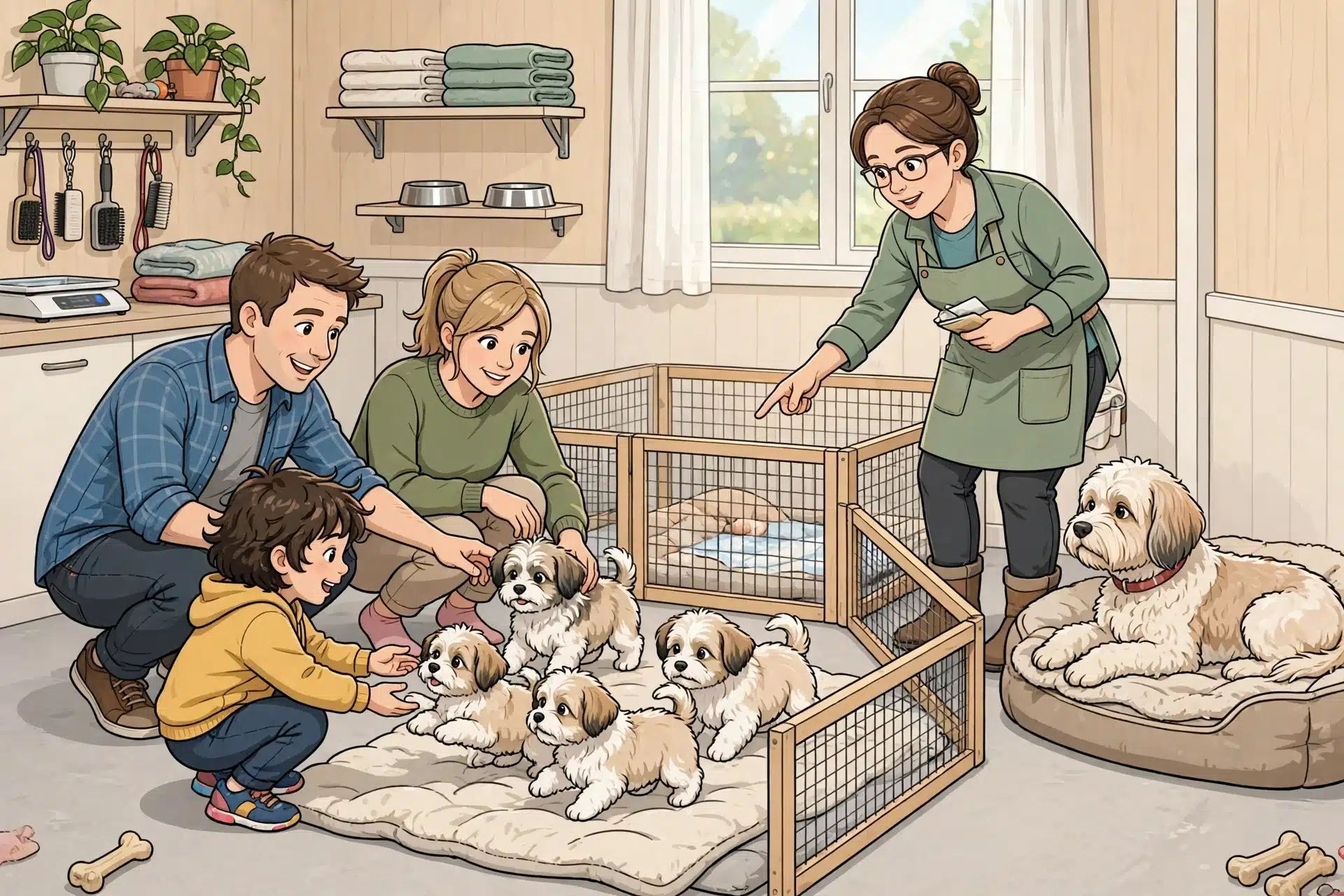 Family meets Havanese litter and mother dog