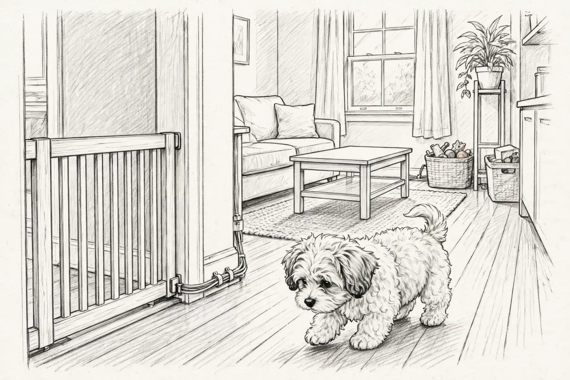 Havanese puppy explores a puppy-proofed living room with low gate and tucked-away cords