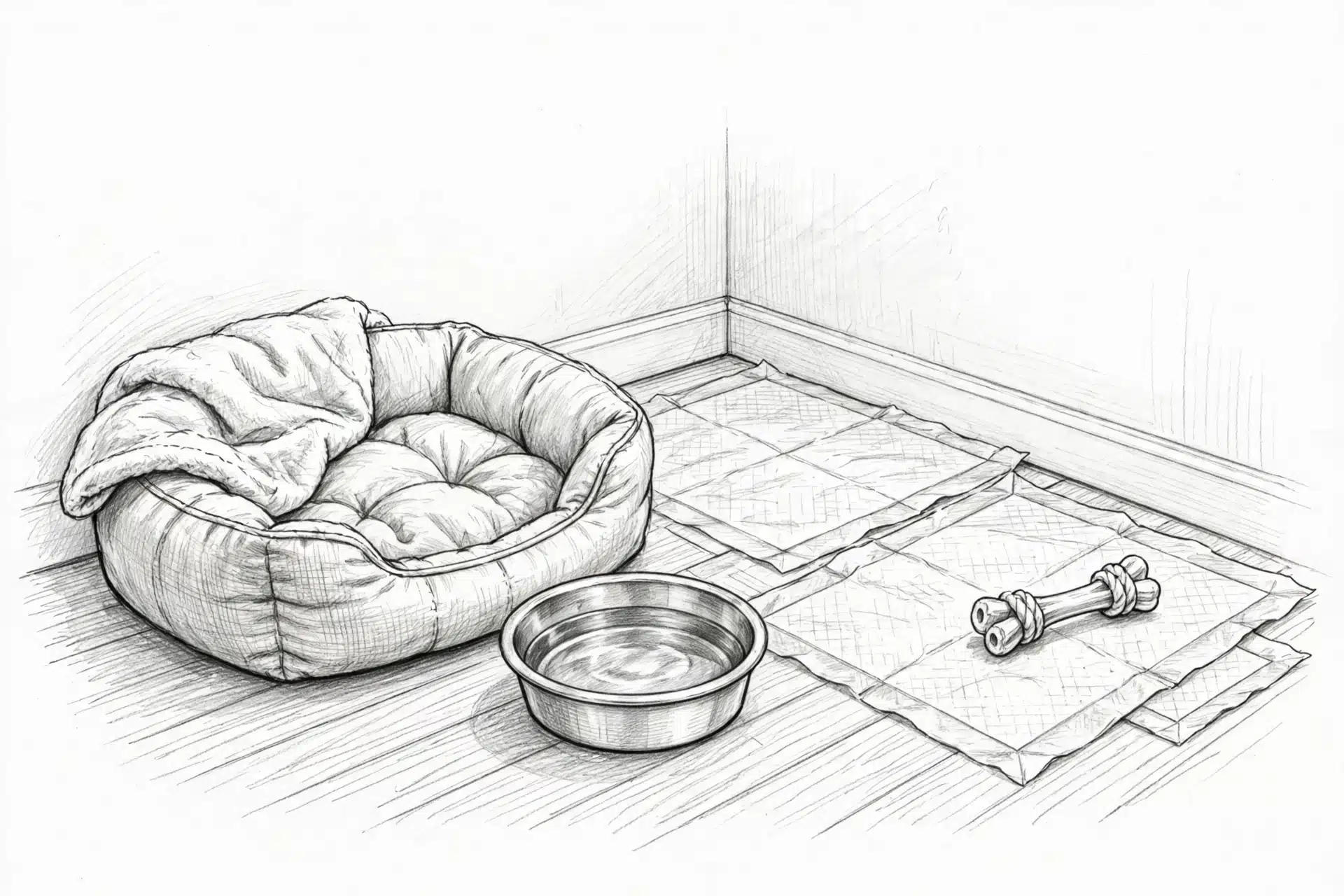 Small puppy safe room essentials in pencil sketch