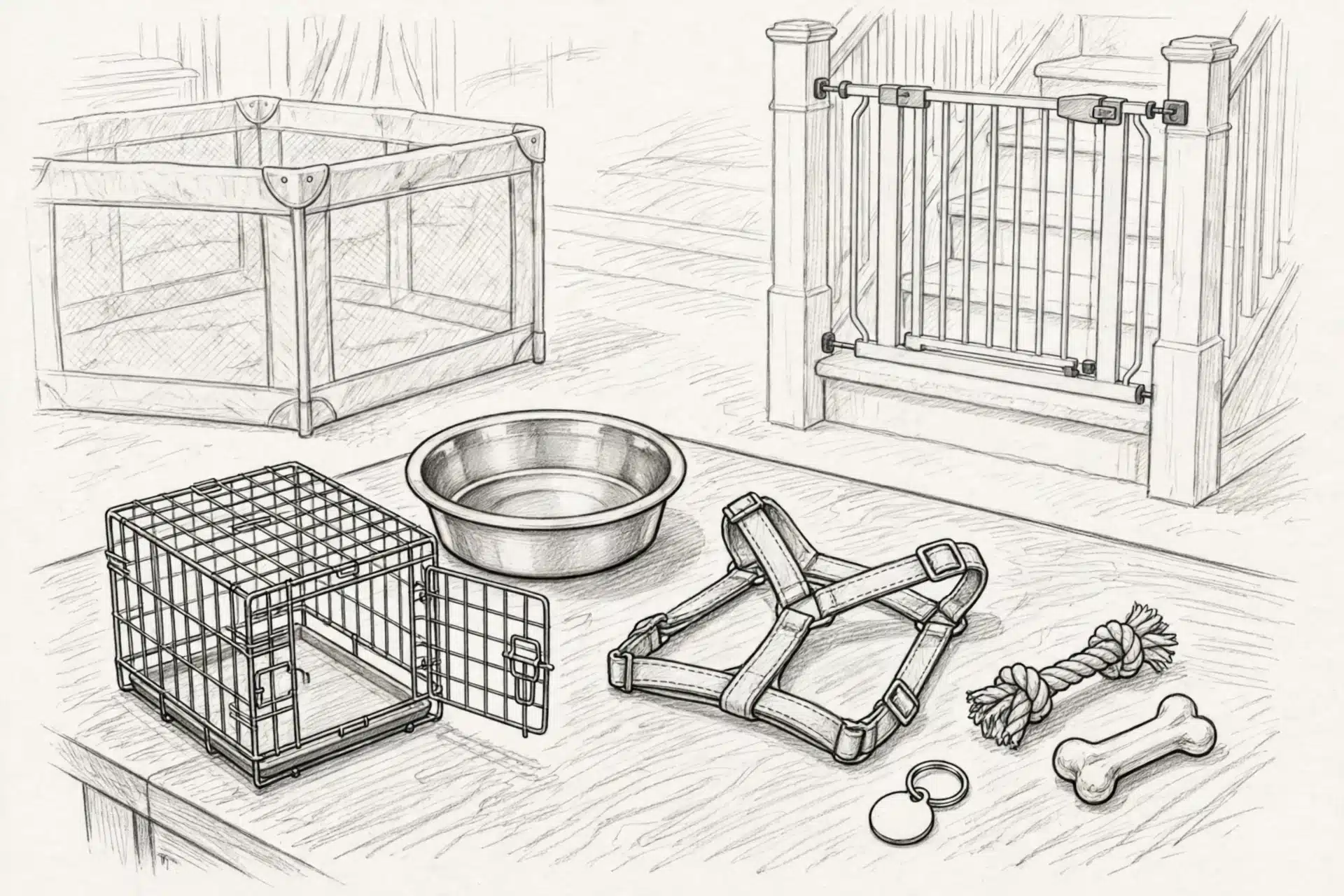 Pencil sketch of puppy crate and accessories