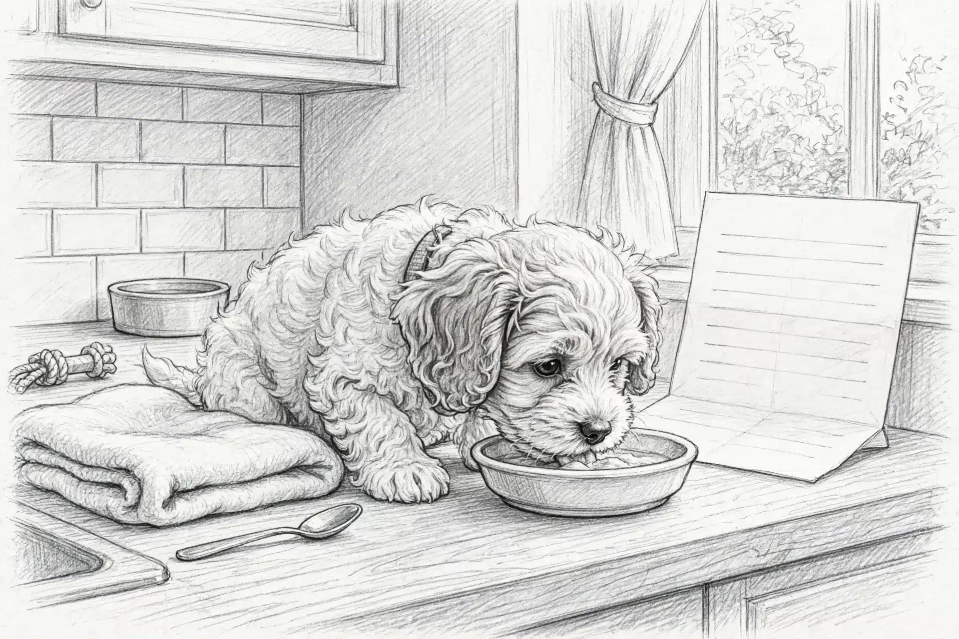 Havapoo puppy eating from a shallow kitchen bowl