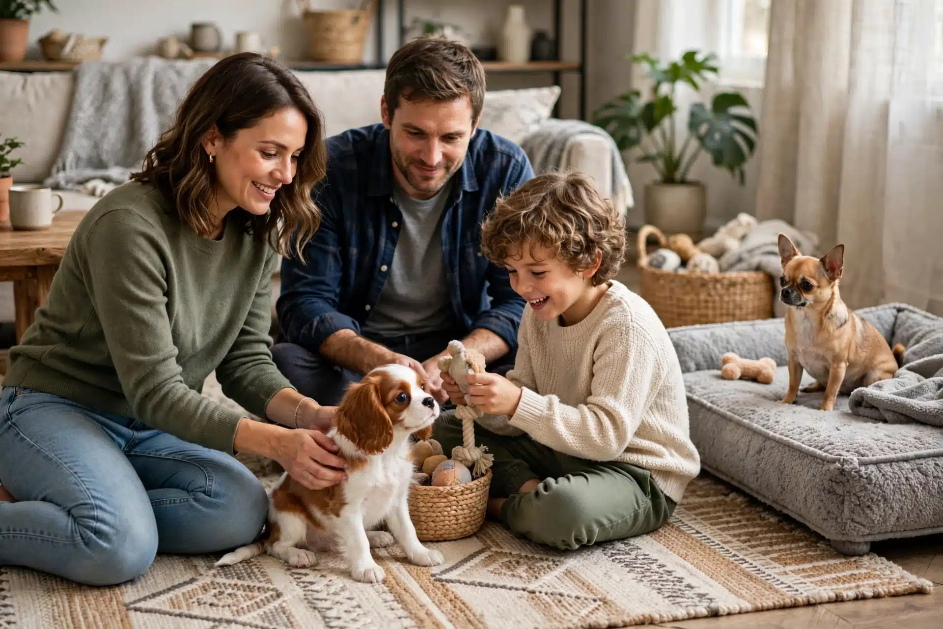 Family trains Cavalier puppy while Chihuahua watches nearby