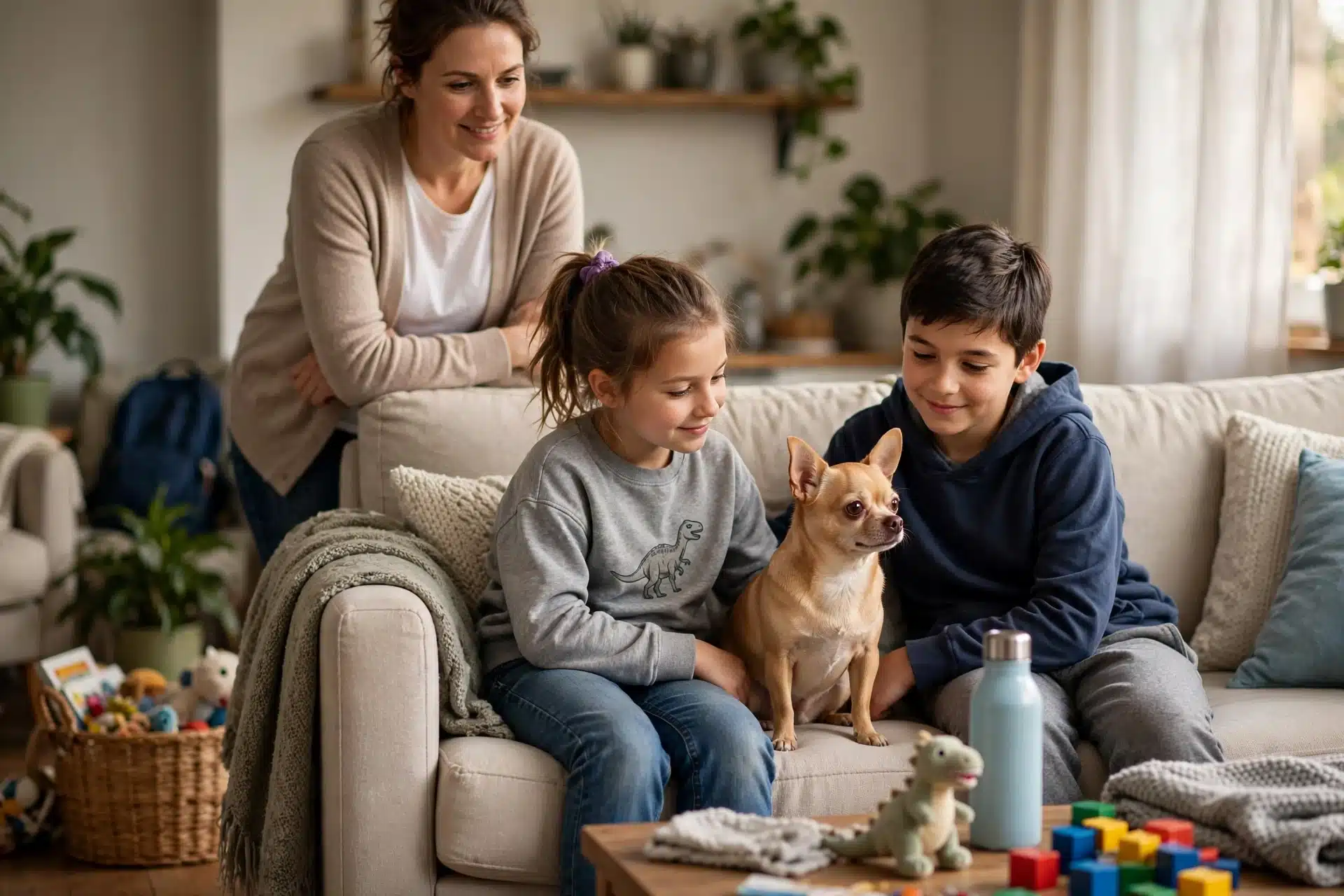 Calm Chihuahua beside two children on couch