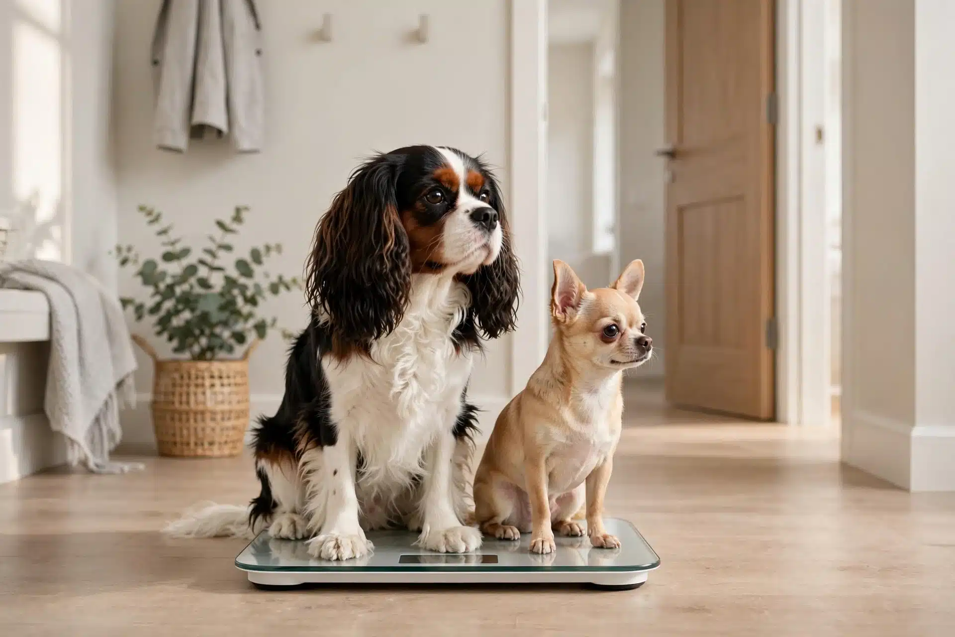 Adult Cavalier and Chihuahua sitting on a bathroom scale