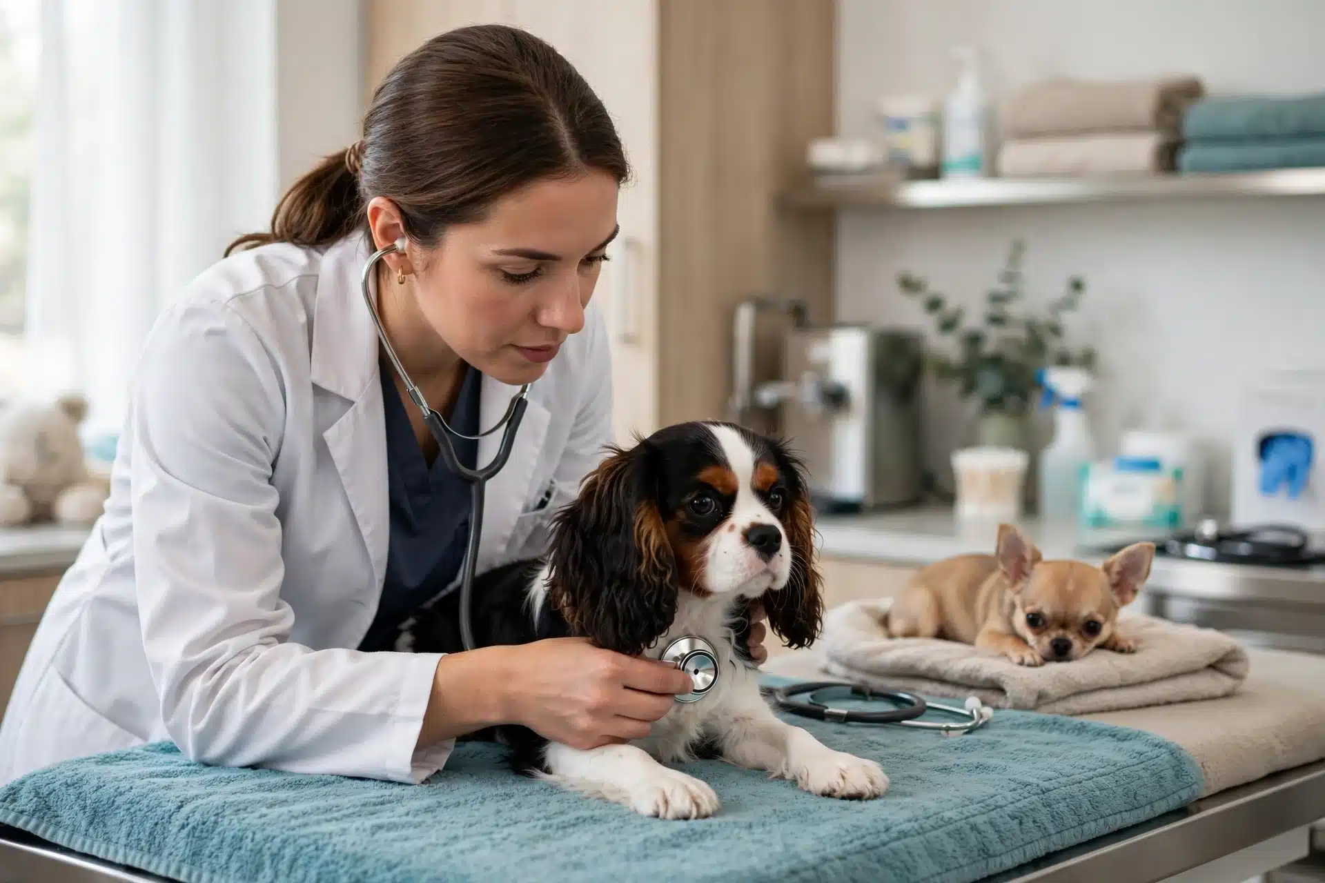 Veterinarian examining a Cavalier puppy’s heart in a clinic