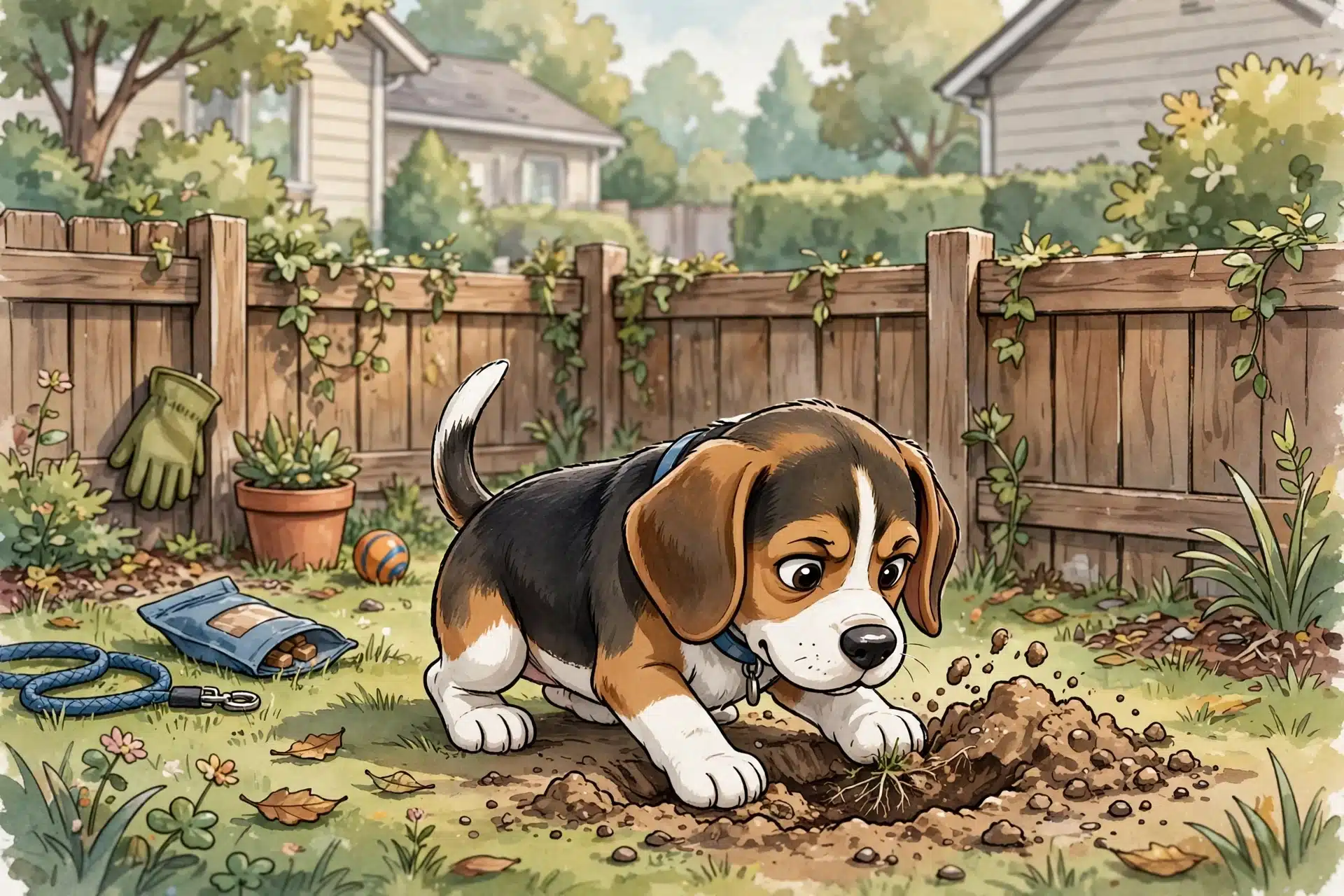 Beagle puppy sniffs and digs by backyard fence