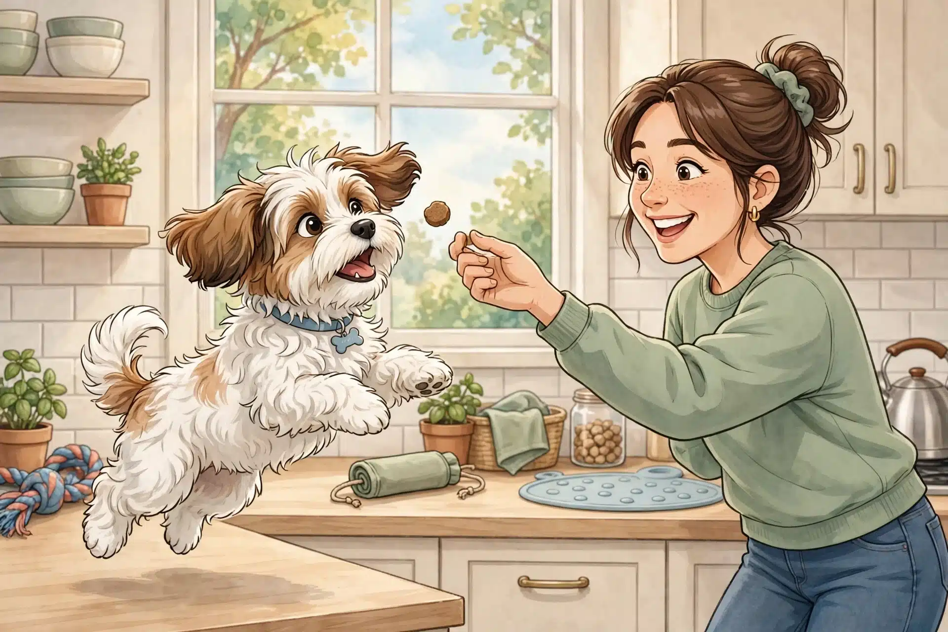 Havanese puppy catches a treat in a bright kitchen