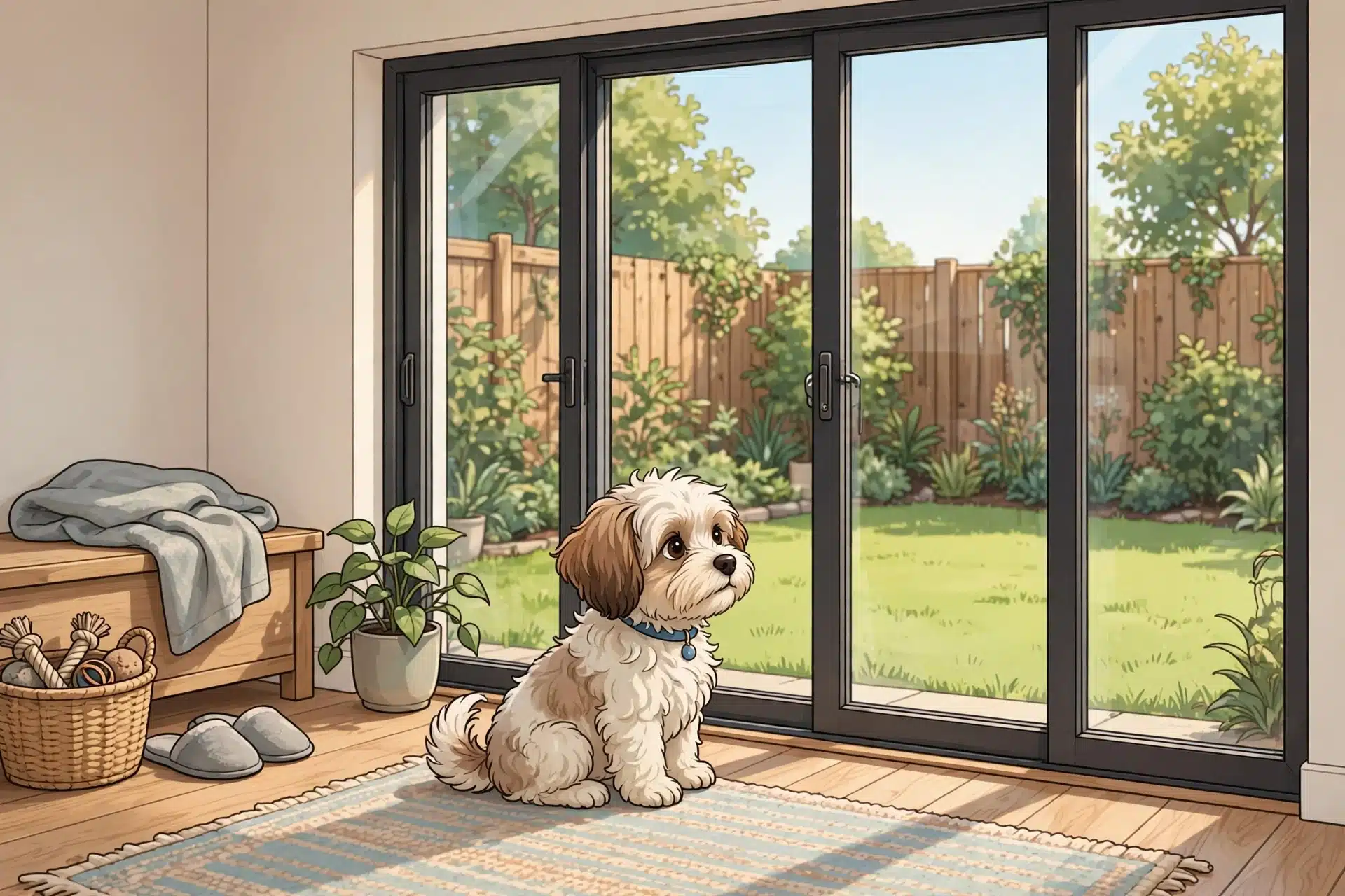 Havanese puppy waits at glass patio door