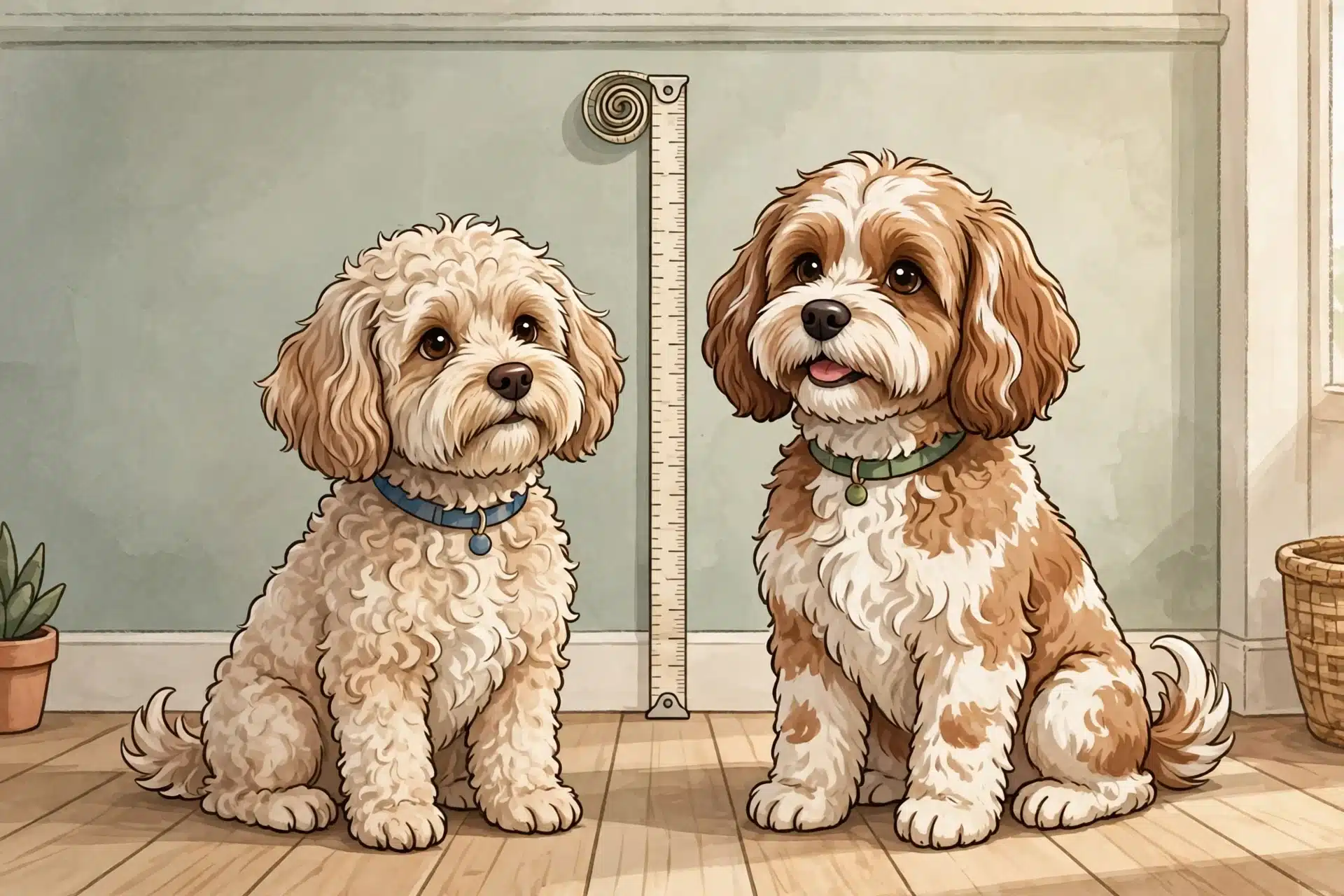 Havapoo and Cavapoo beside a wall measuring tape