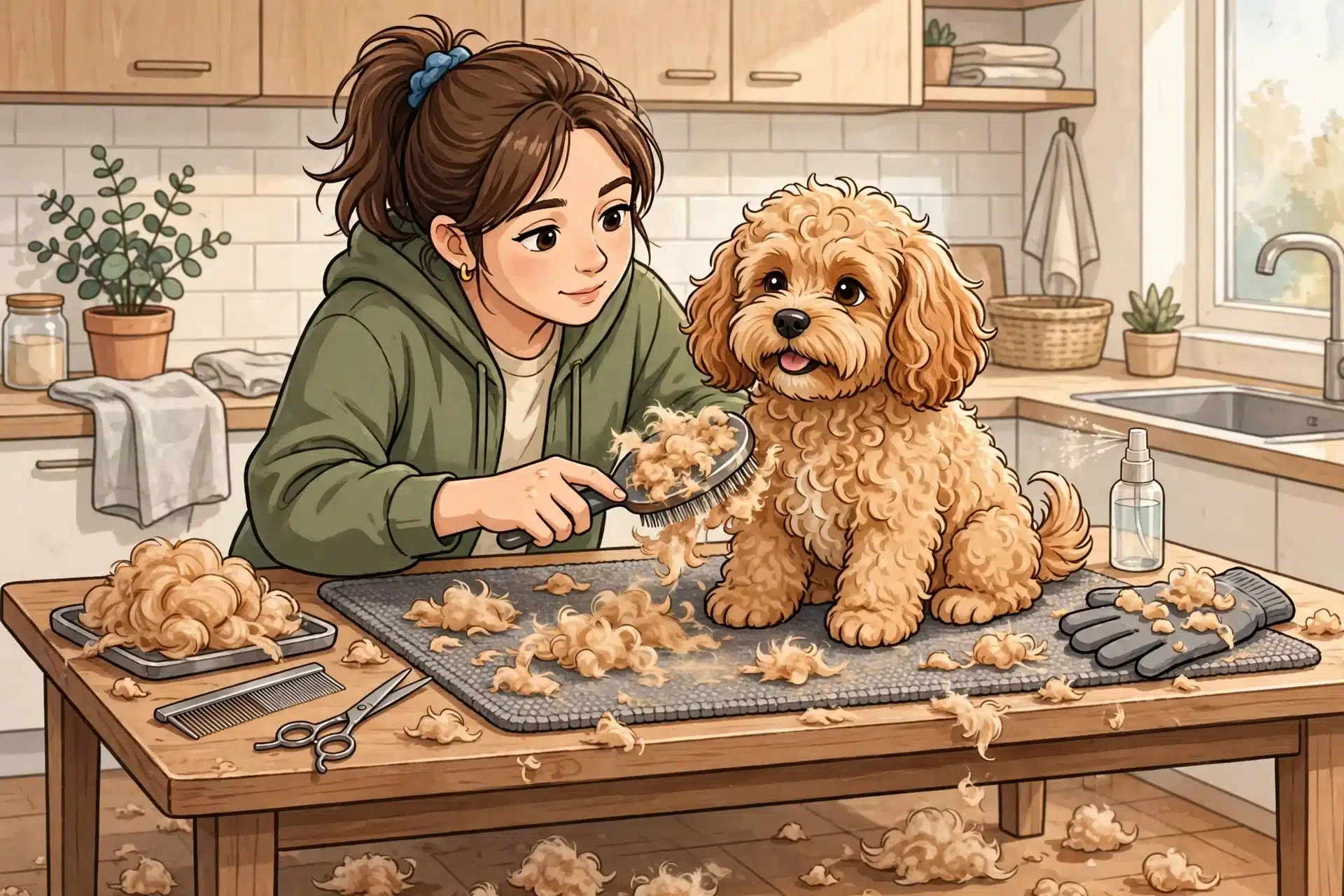 Person brushing fluffy apricot Cavapoo puppy on kitchen table