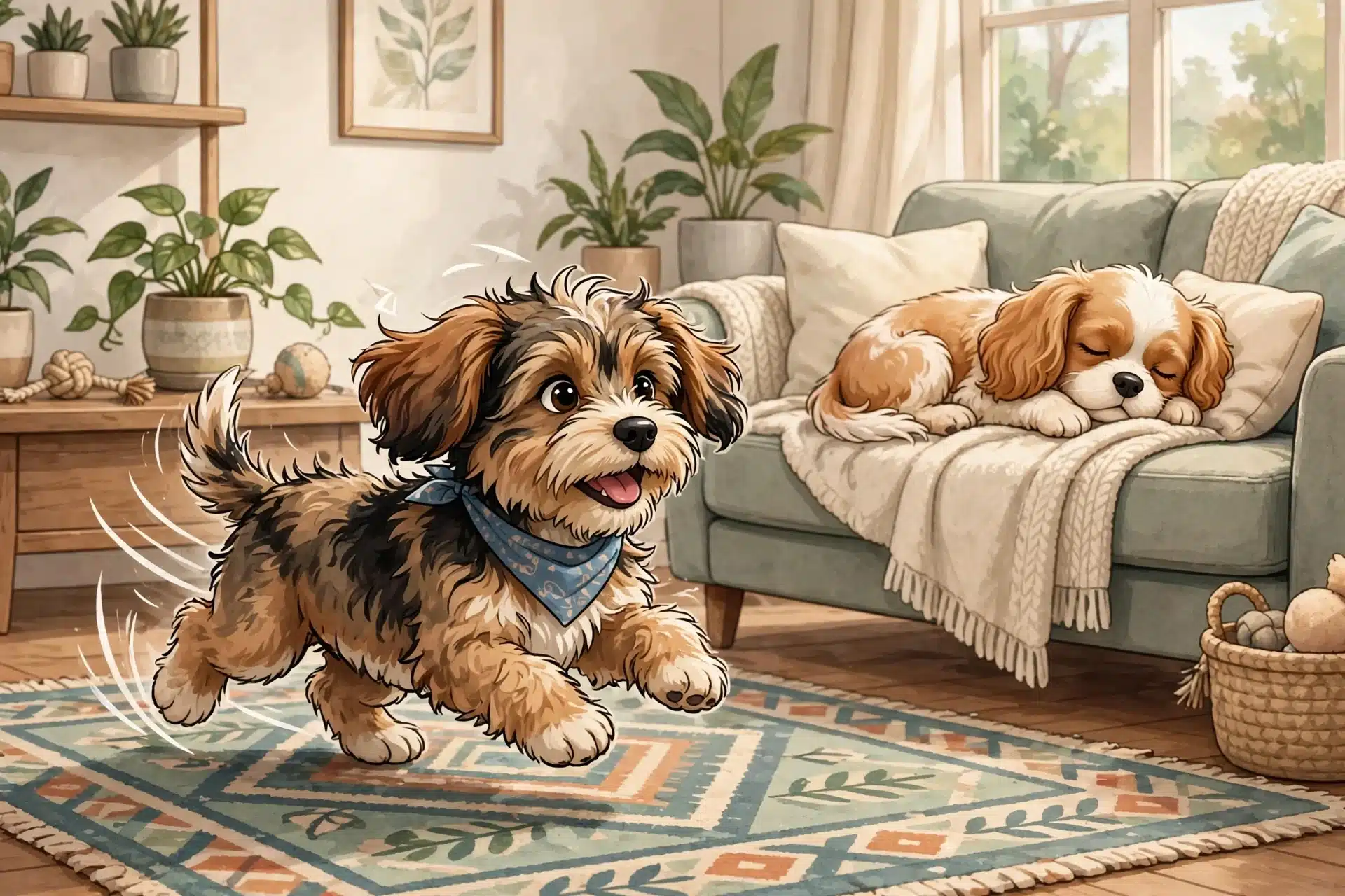 Havapoo puppy plays as Cavapoo naps nearby