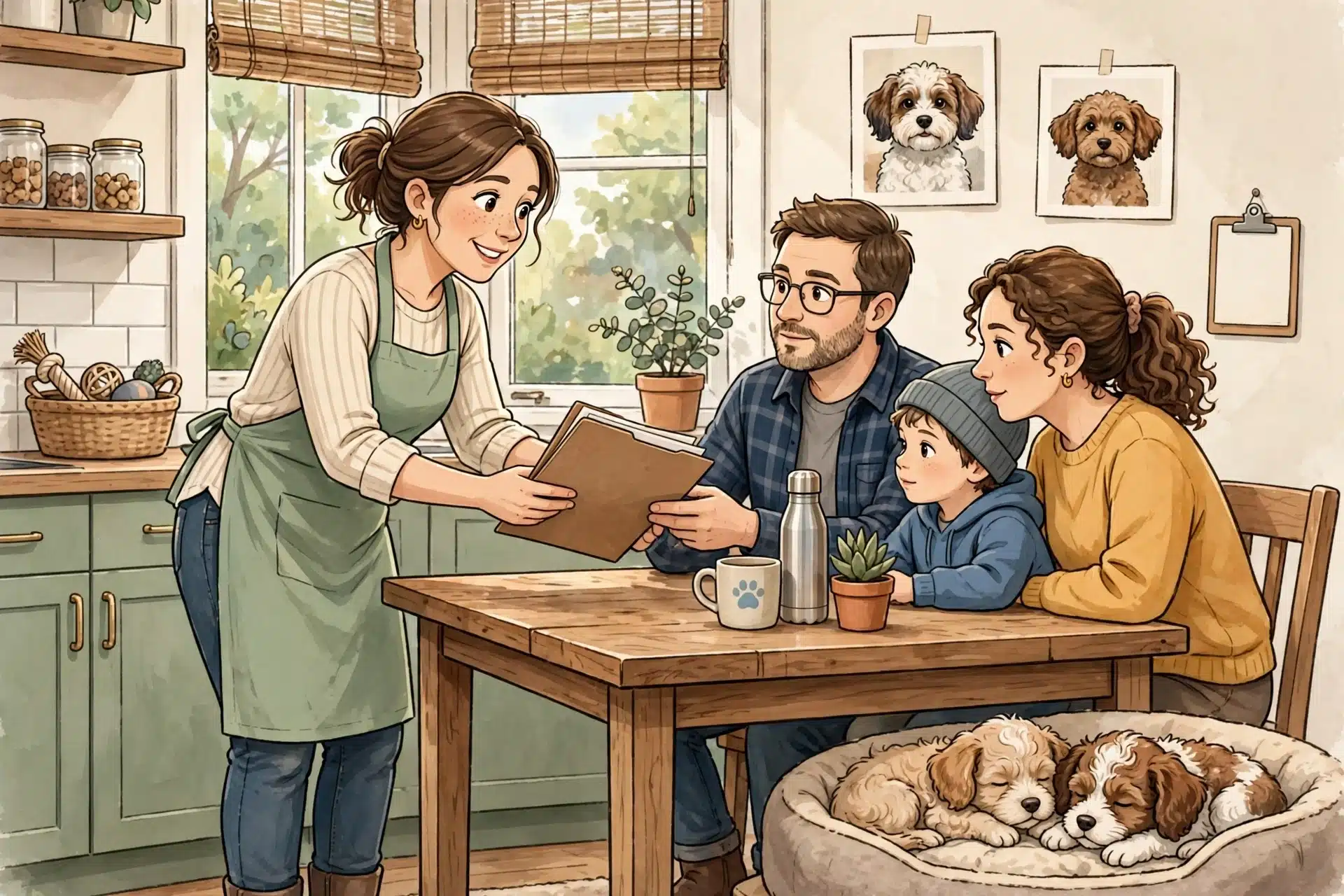 Breeder shares puppy pedigree papers with family