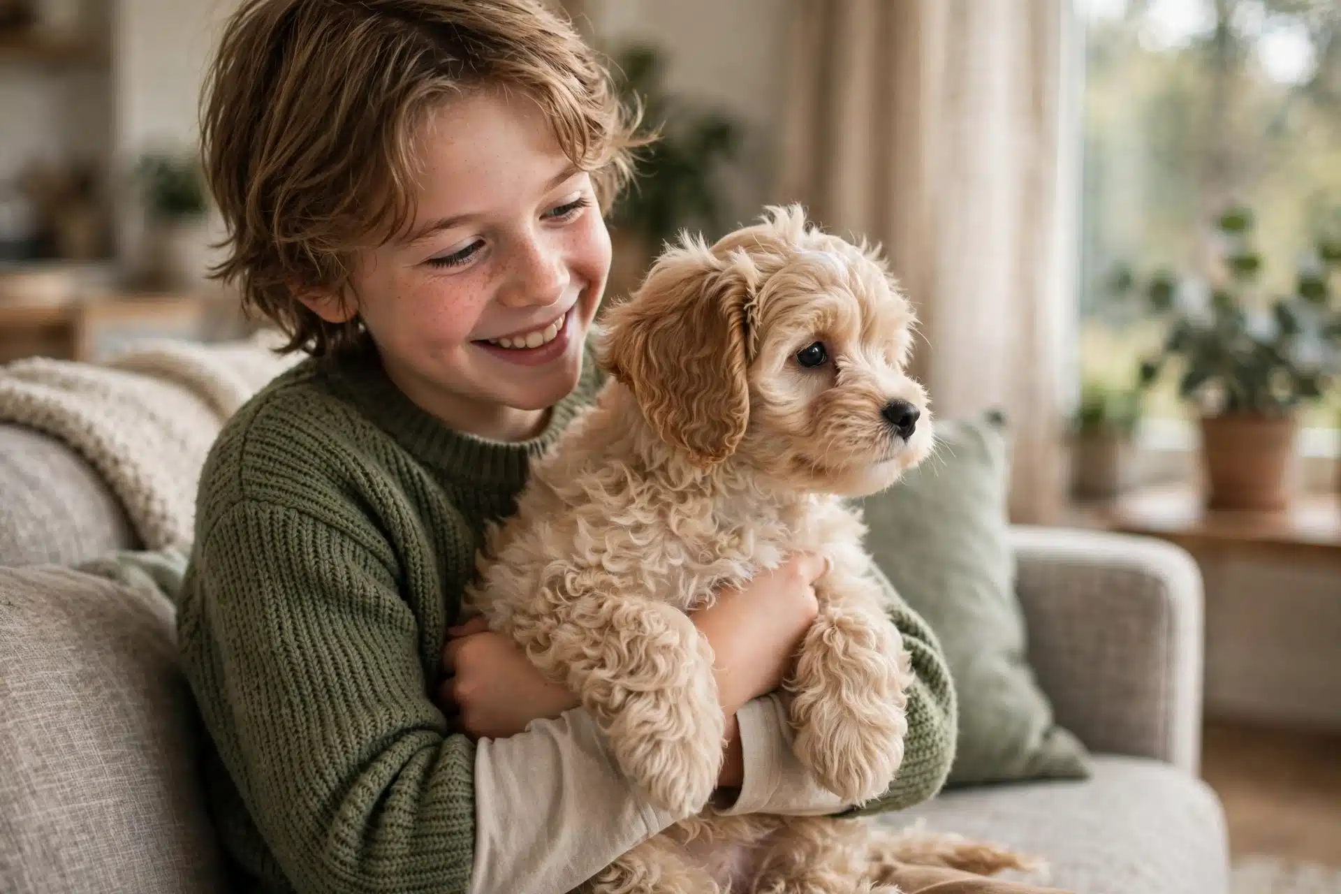 Smiling child cuddles a fluffy Havapoo puppy on a family couch