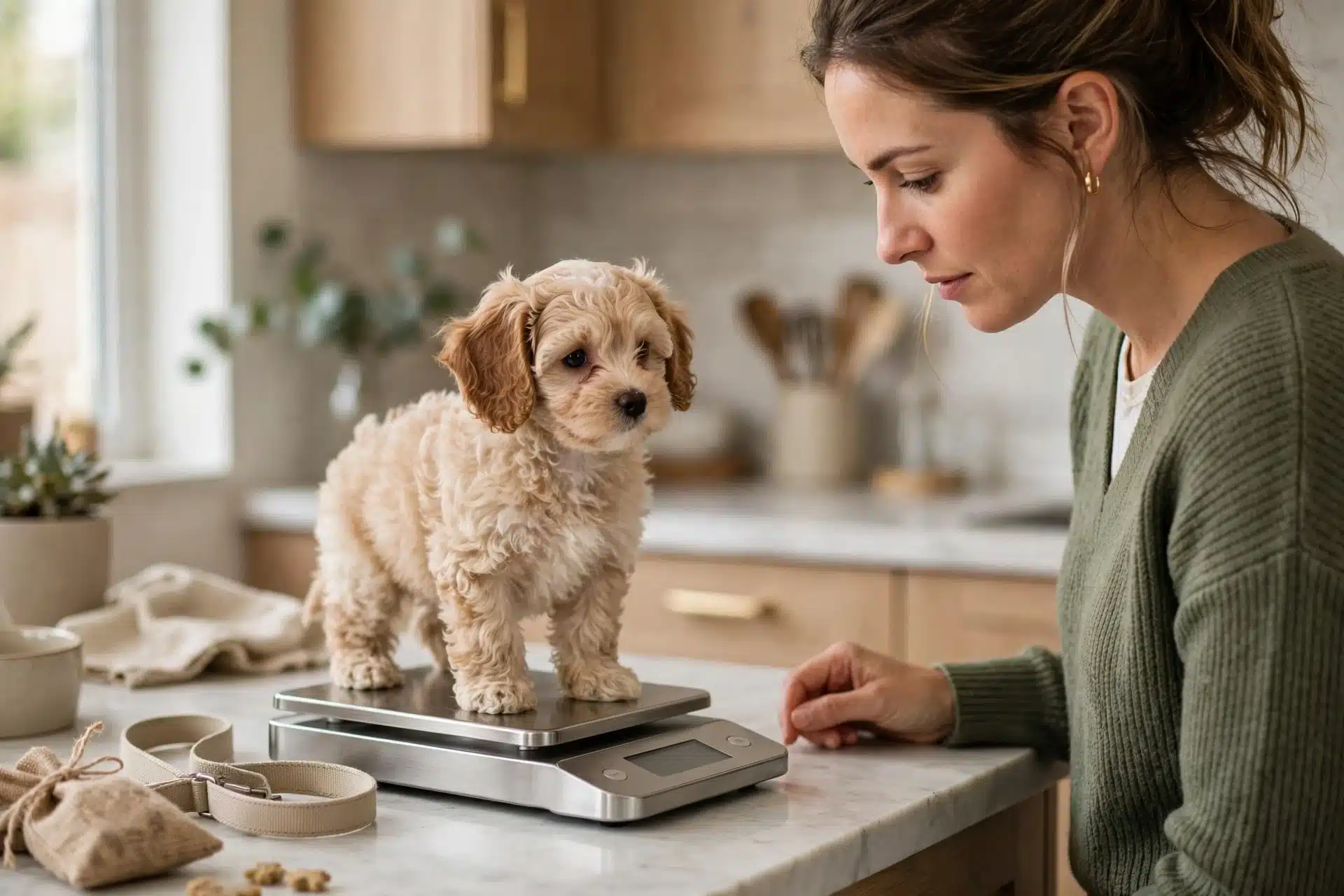 Woman weighs Havapoo puppy on kitchen scale