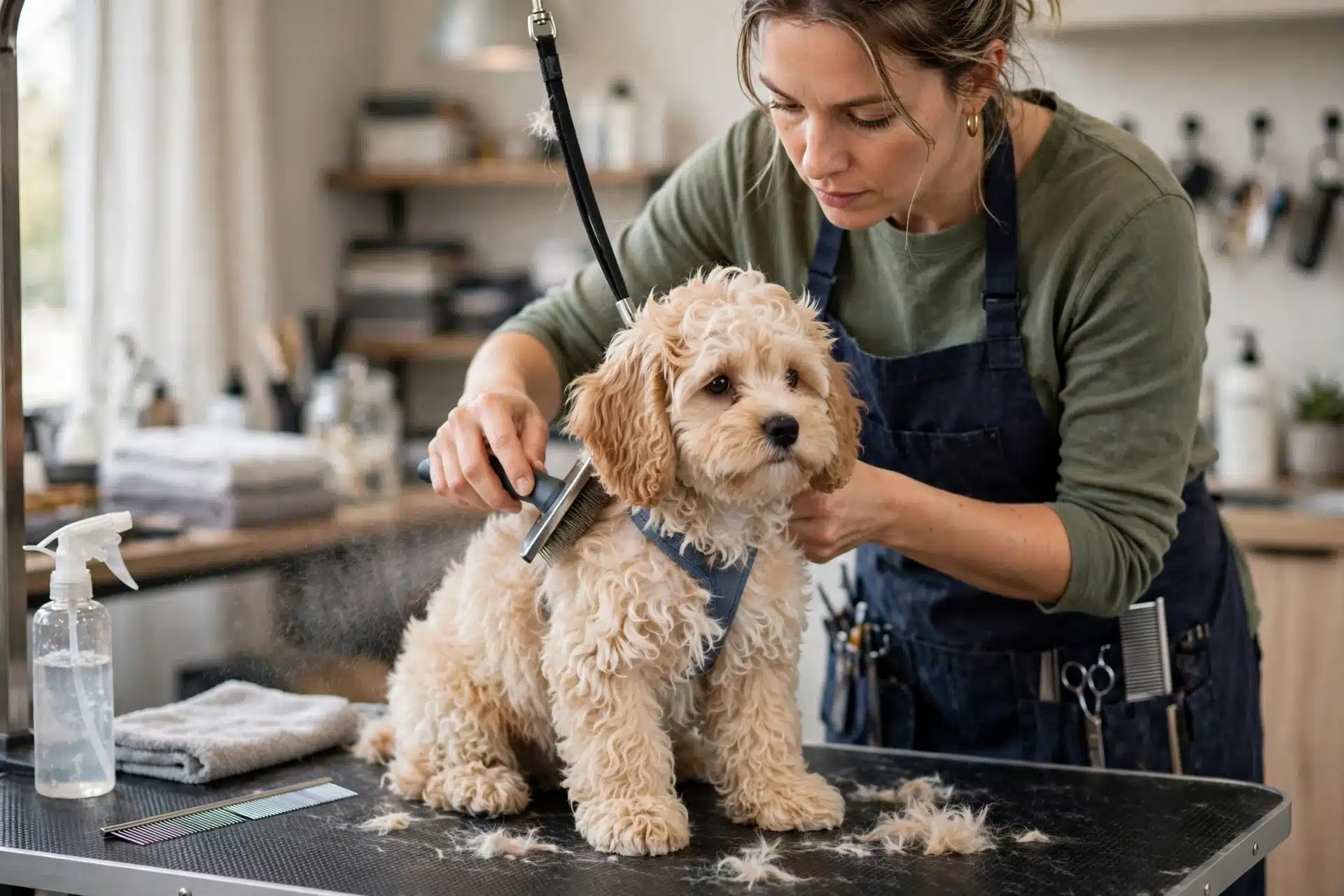 Woman brushing a Havapoo puppy with a slicker brush