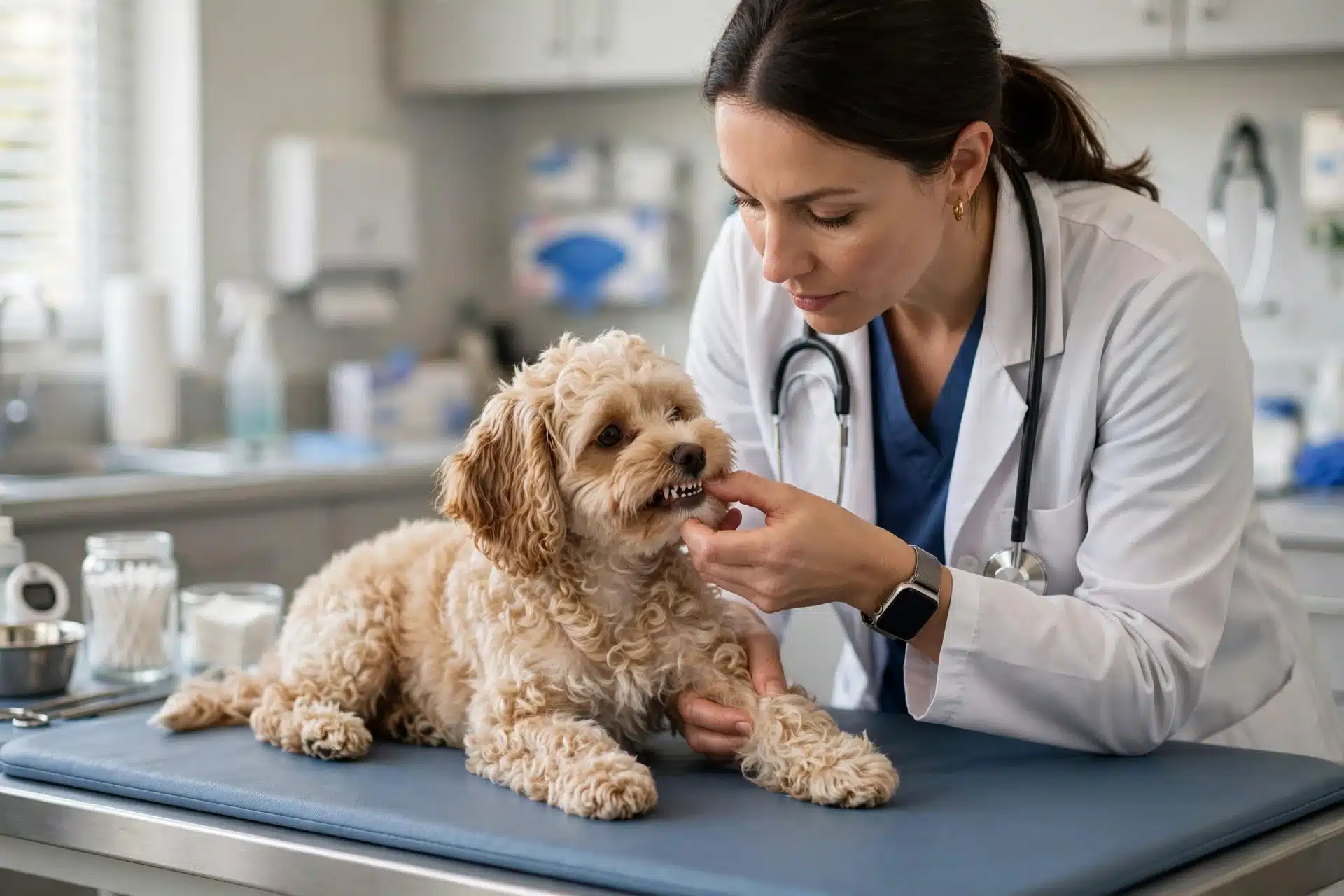 Veterinarian examines a fluffy puppy’s knees and teeth