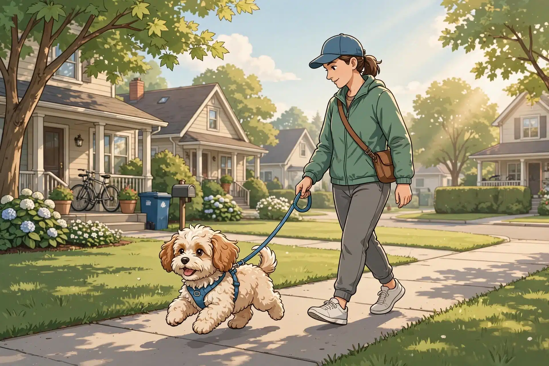 Small puppy walking on leash beside owner outdoors