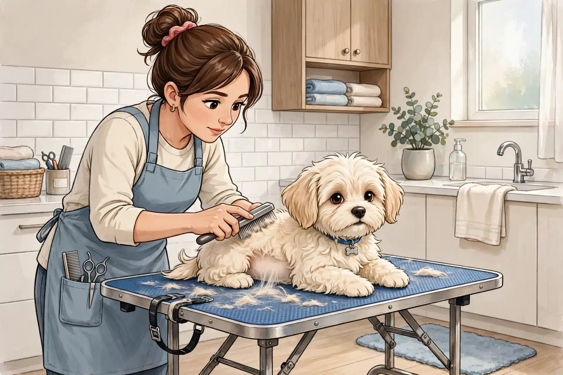 Groomer brushing a cream Havapoo puppy in a bright bathroom
