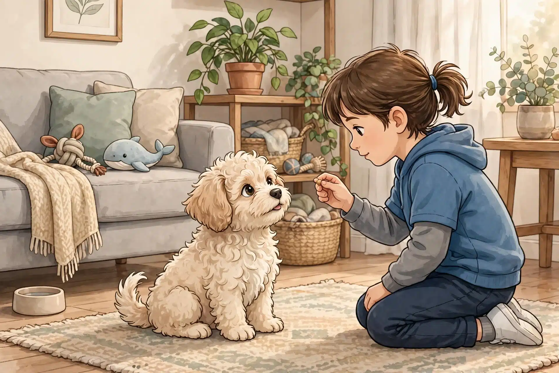 Child offering a treat to an attentive puppy