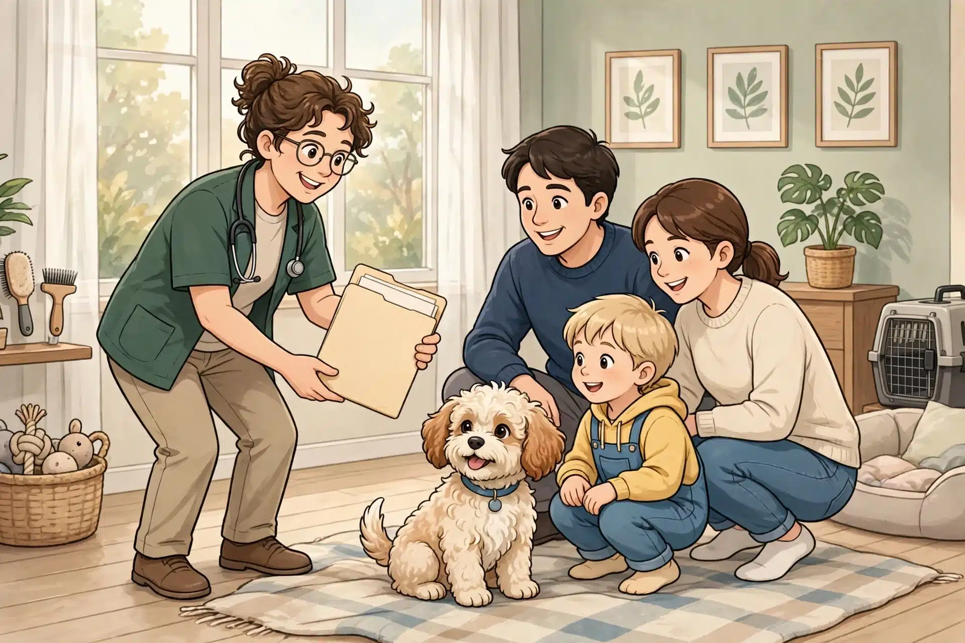 Breeder presents health records beside Havapoo puppy