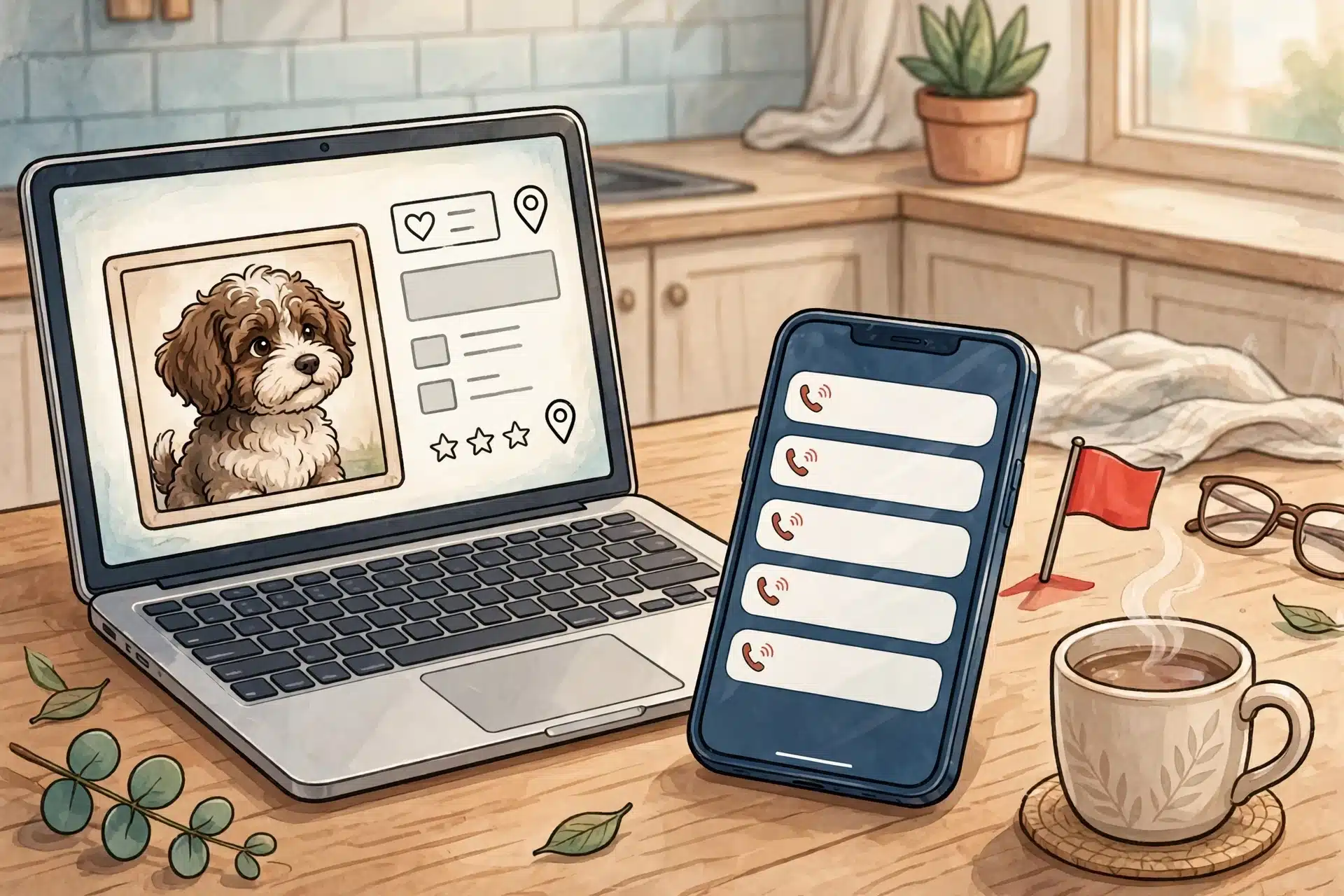 Laptop puppy listing and phone on kitchen table