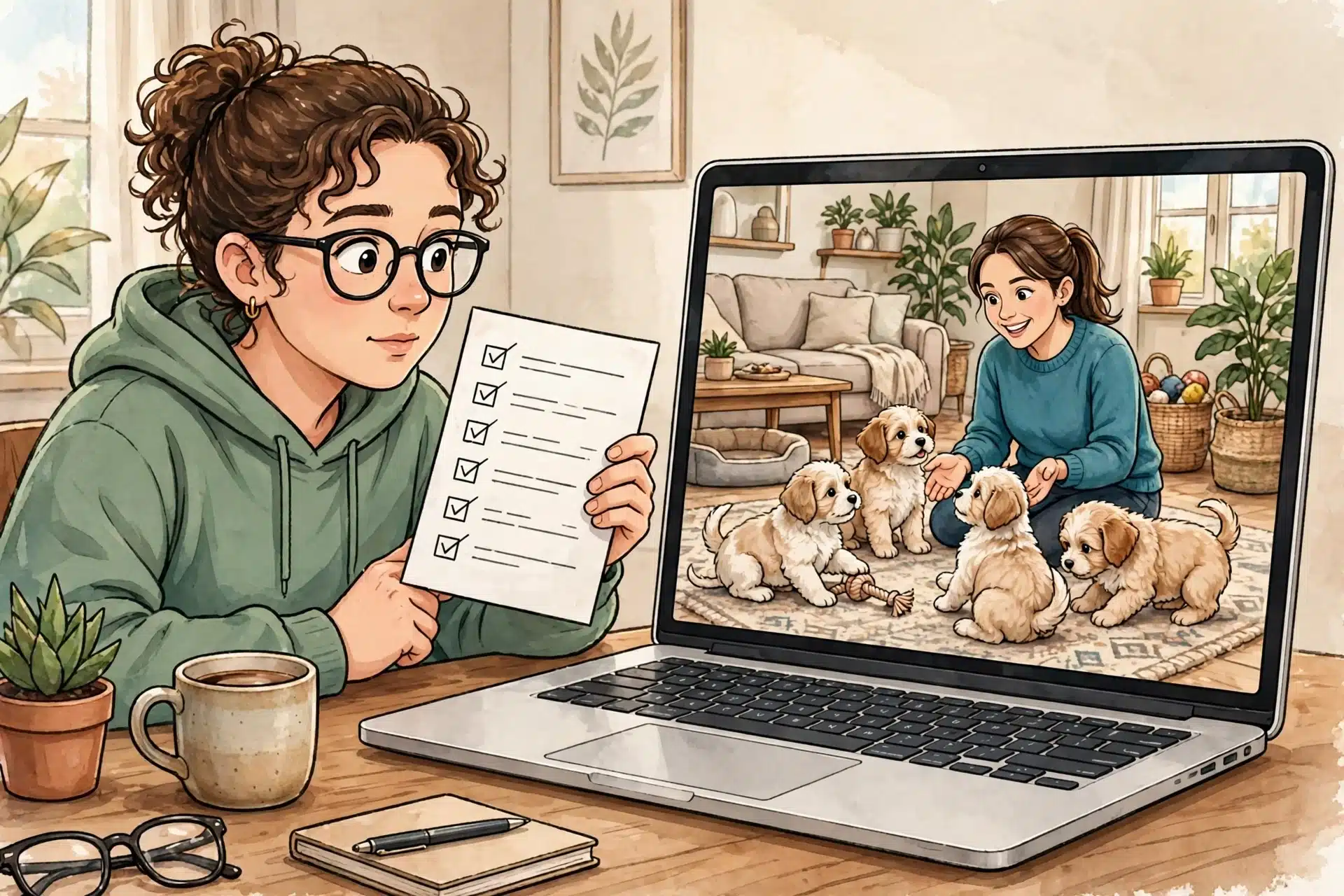 Buyer reviews a checklist via puppy video call