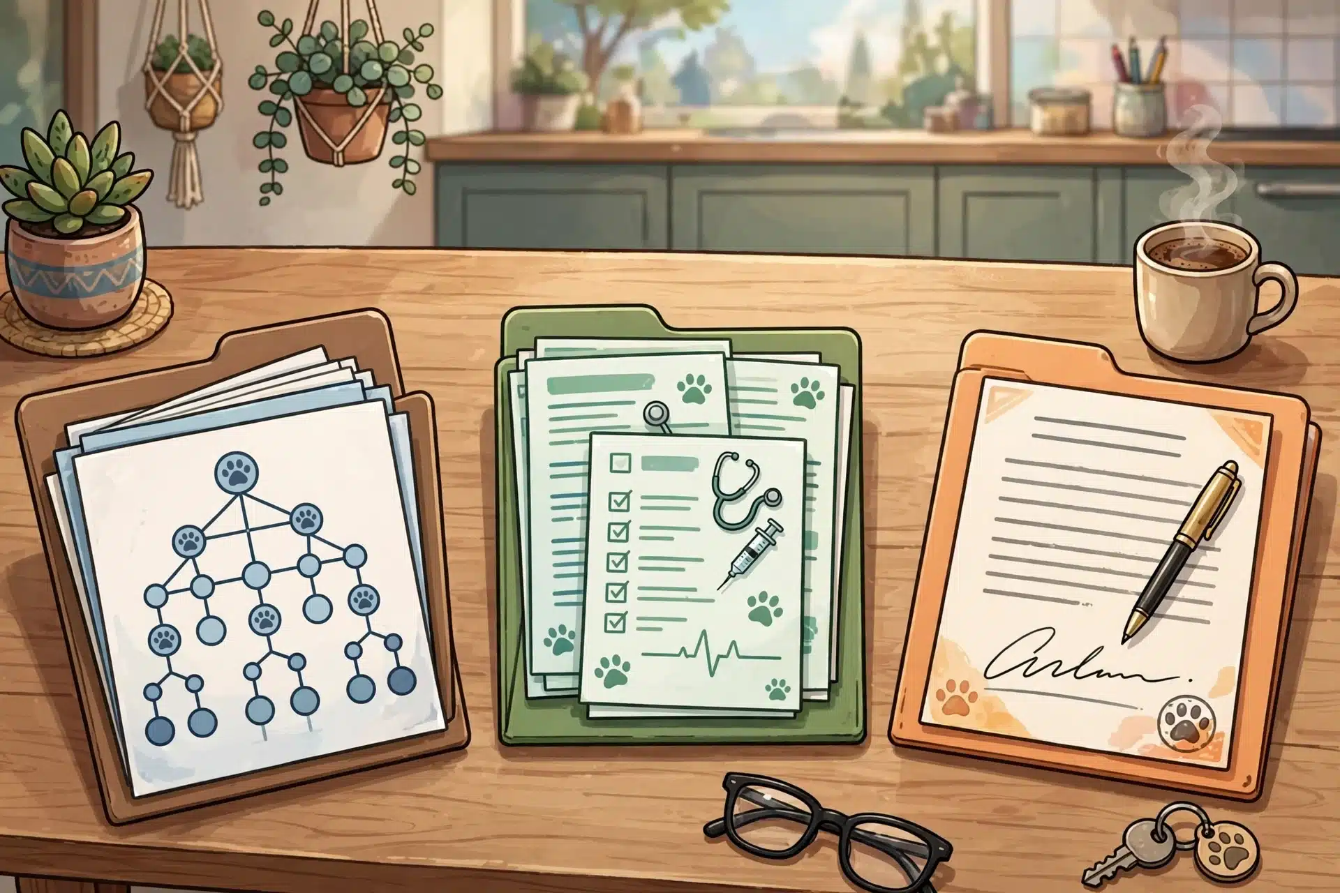 Three separate document folders on a kitchen table