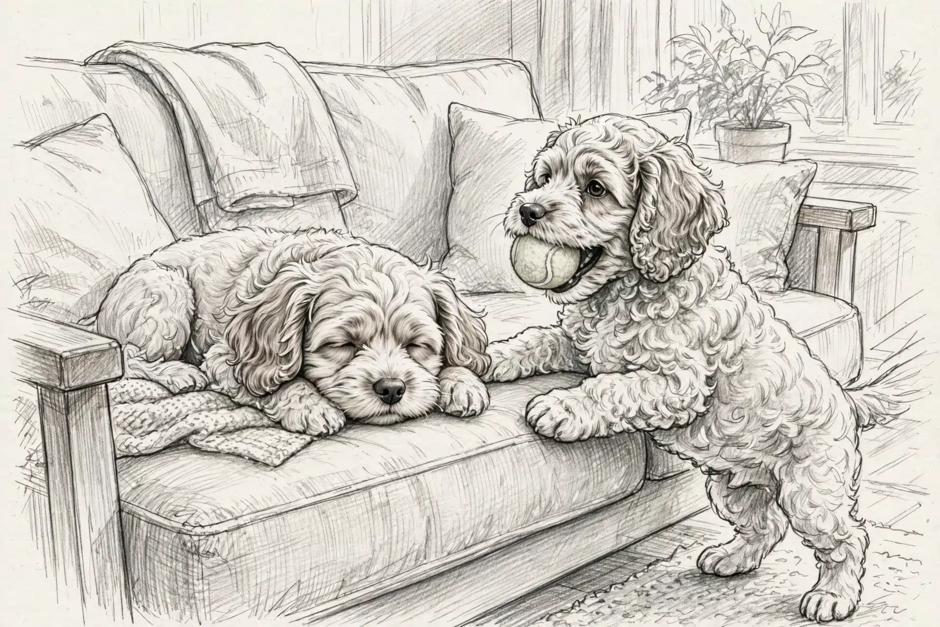 Calm Cavapoo puppy rests beside playful Cockapoo with tennis ball