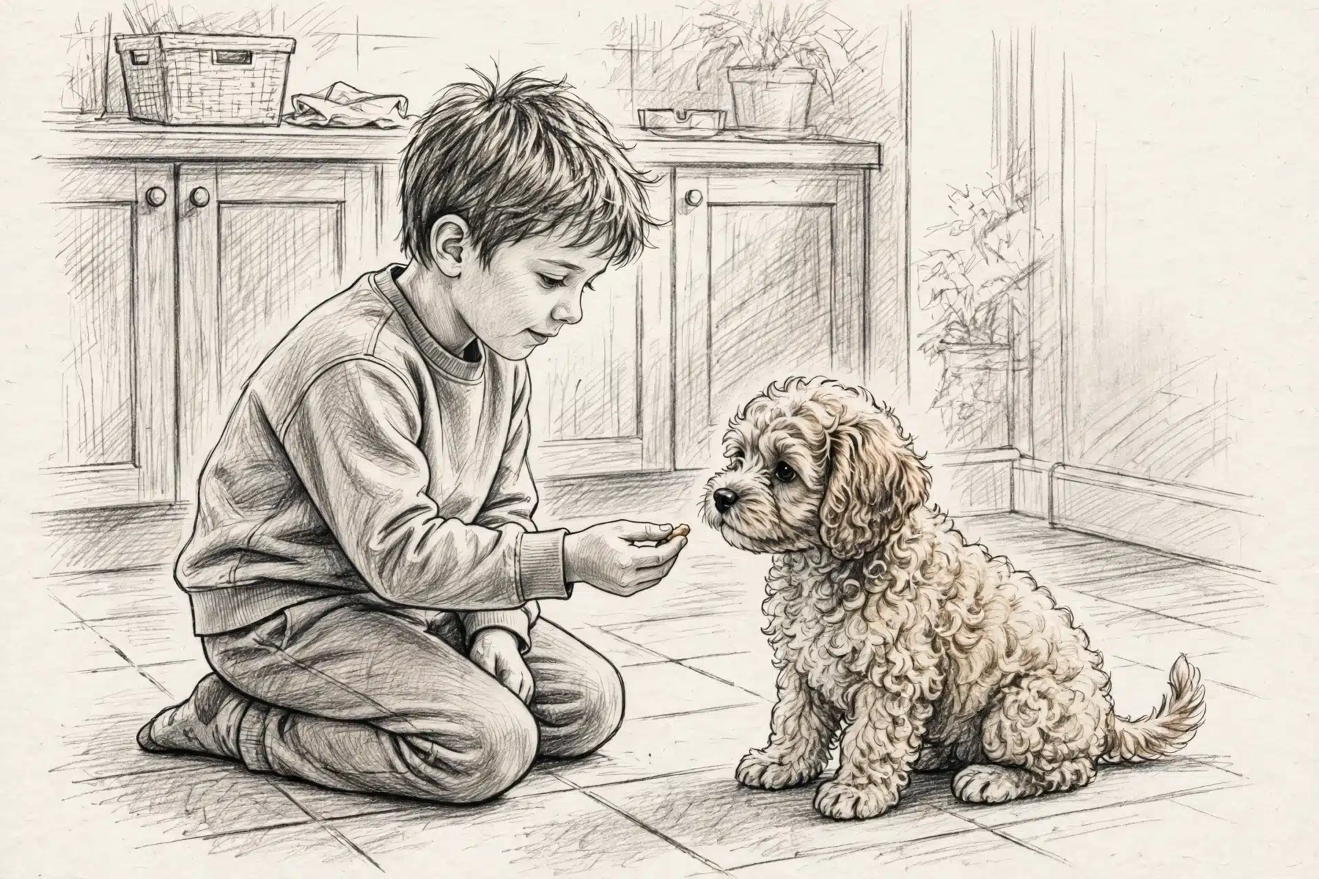 Child offering a treat to a Cavapoo puppy during kitchen training