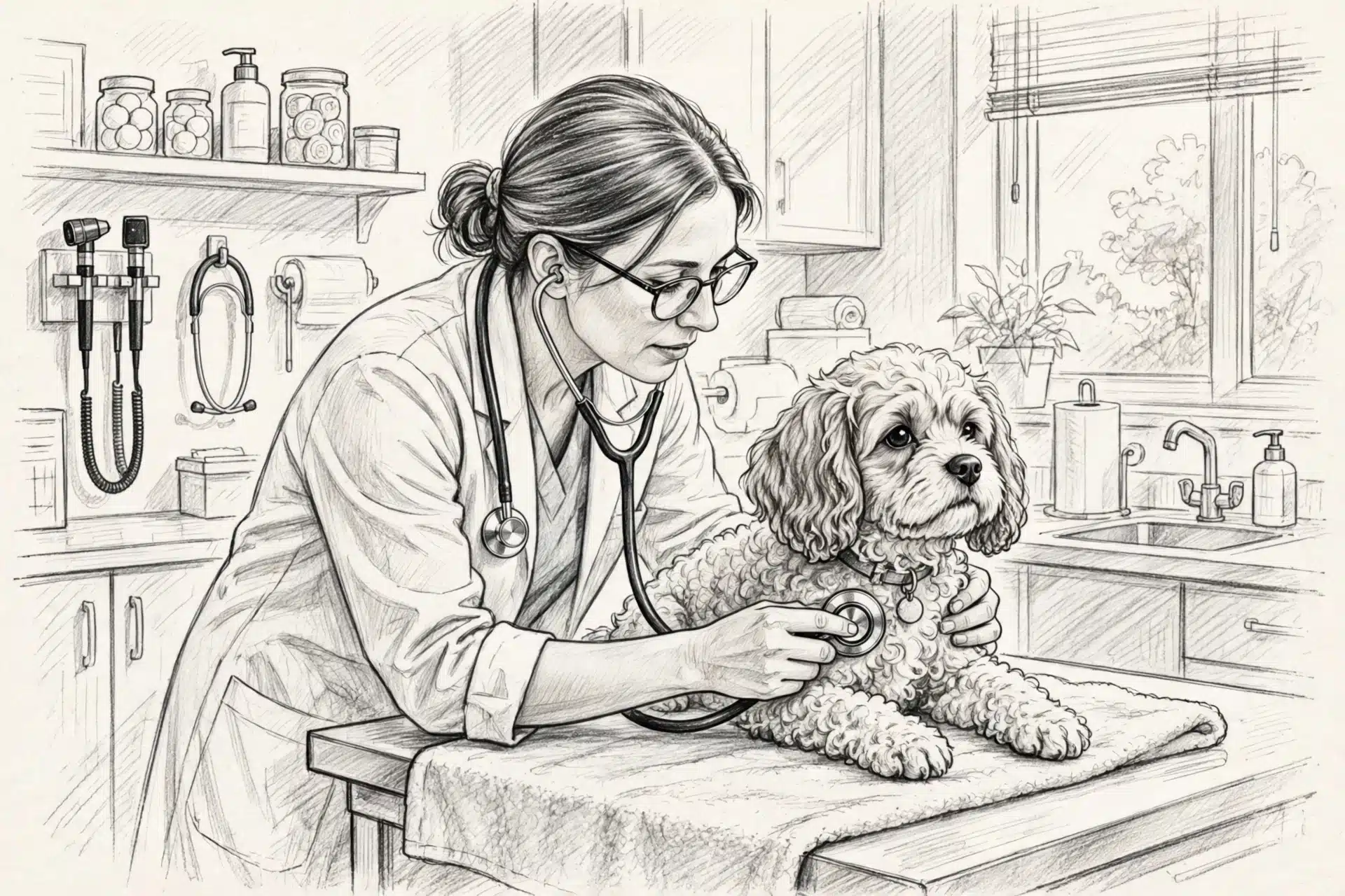 Veterinarian examines a curly Cavapoo puppy’s heart