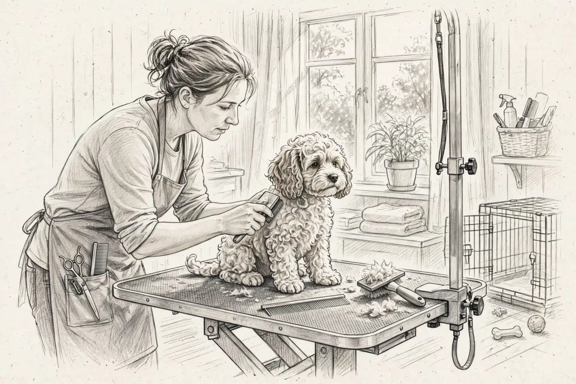 Groomer brushing a curly Cavapoo puppy at a table